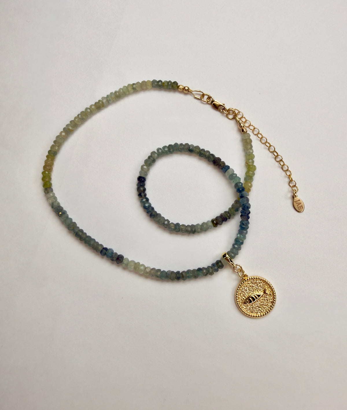The Blythe - Moss Aquamarine with Fish Medallion Necklace