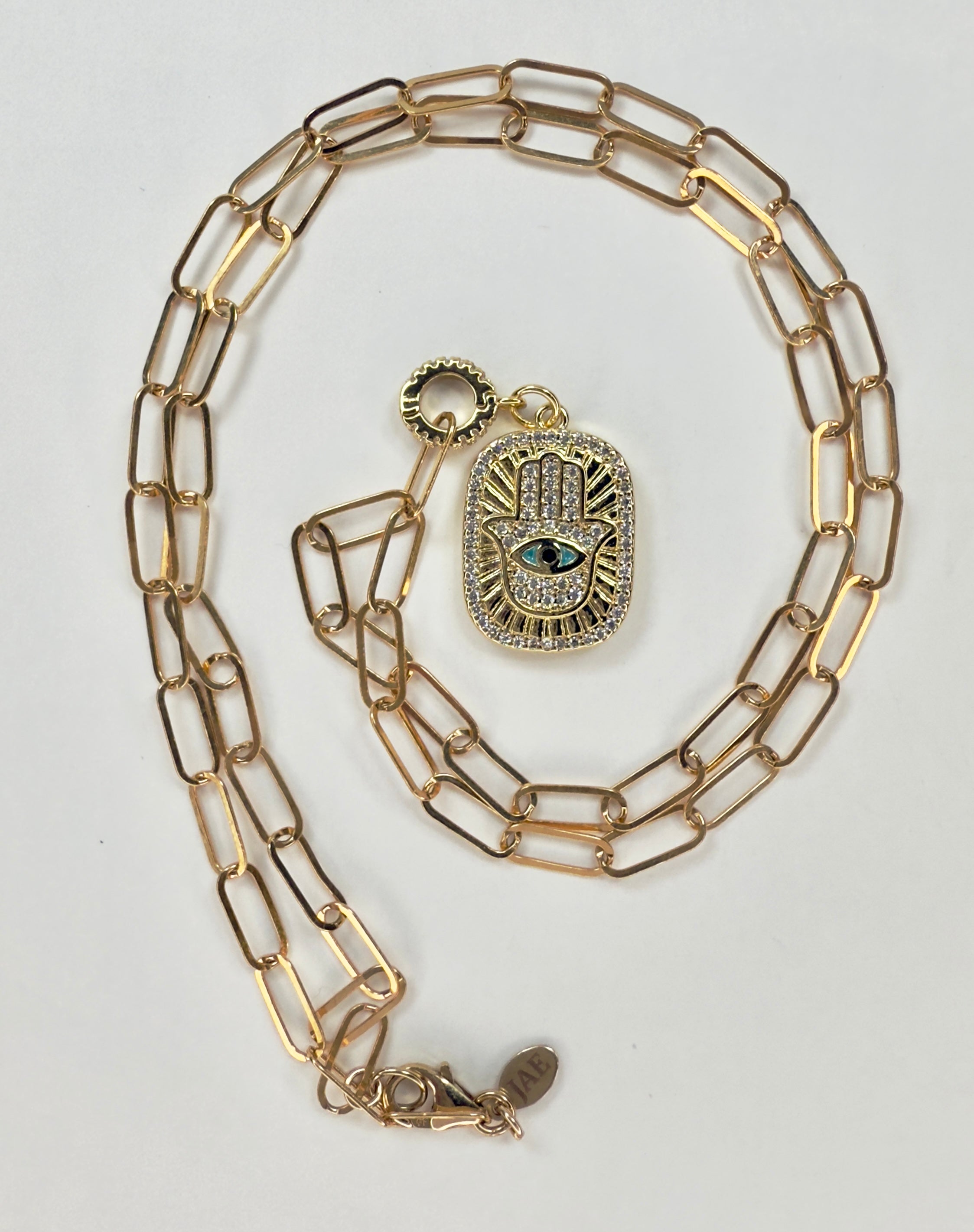 The Eva - Flat Paperclip Chain with Double-sided Removable Hamsa Hand Pendant