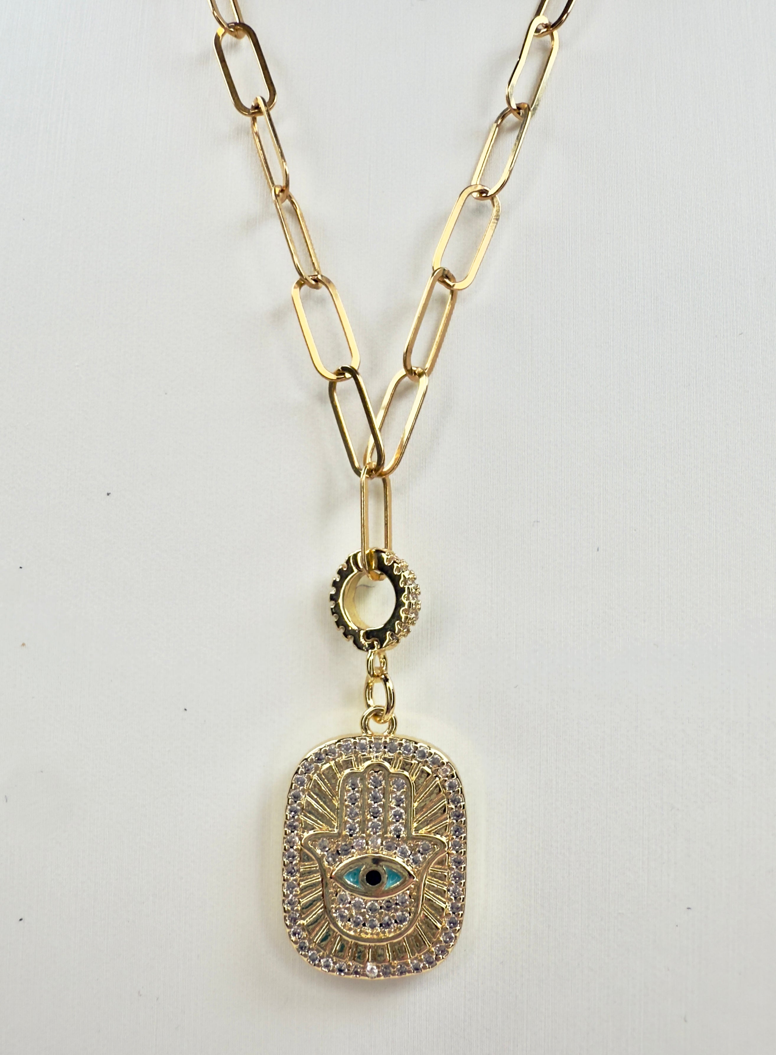 The Eva - Flat Paperclip Chain with Double-sided Removable Hamsa Hand Pendant