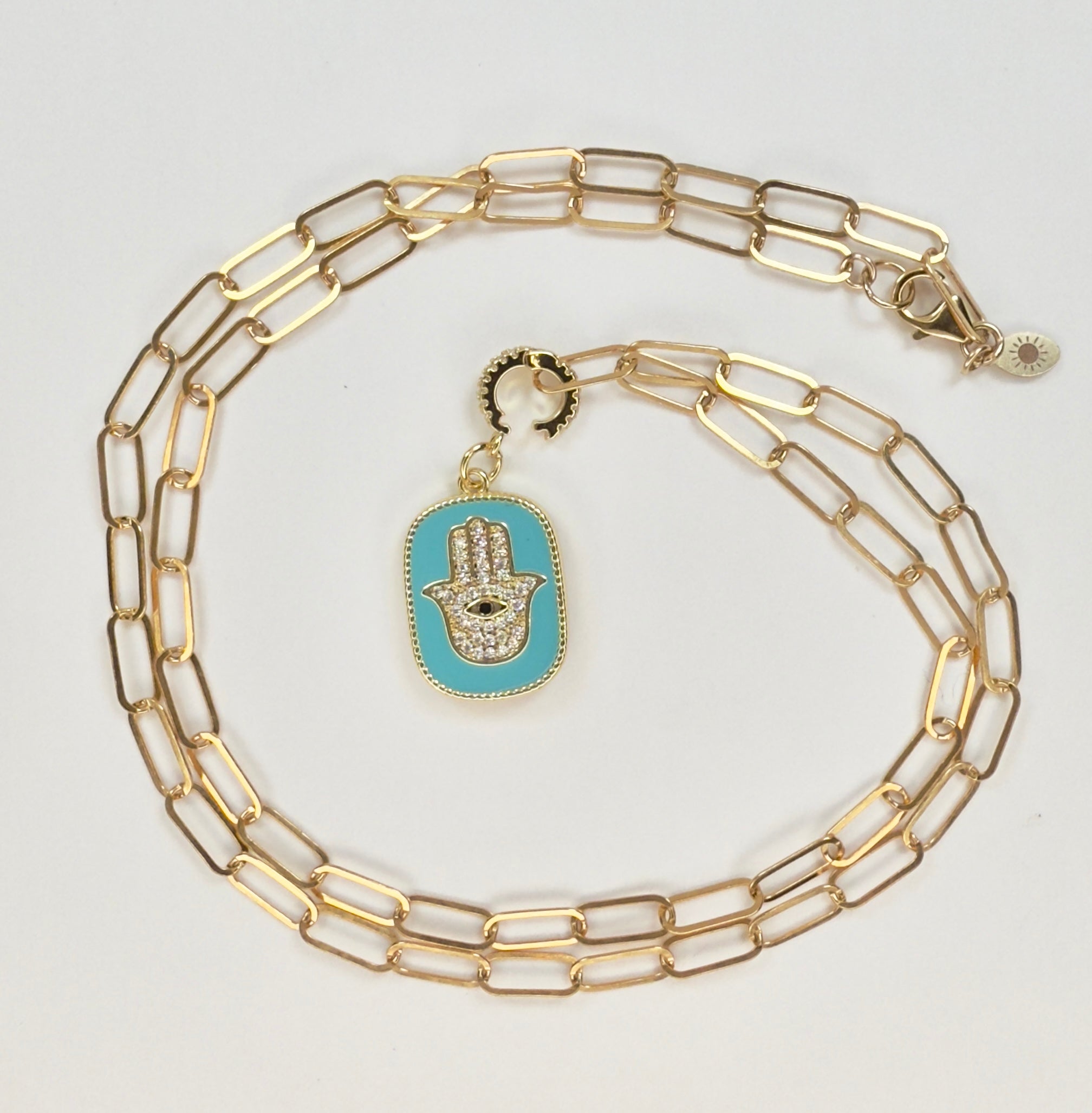 The Eva - Flat Paperclip Chain with Double-sided Removable Hamsa Hand Pendant