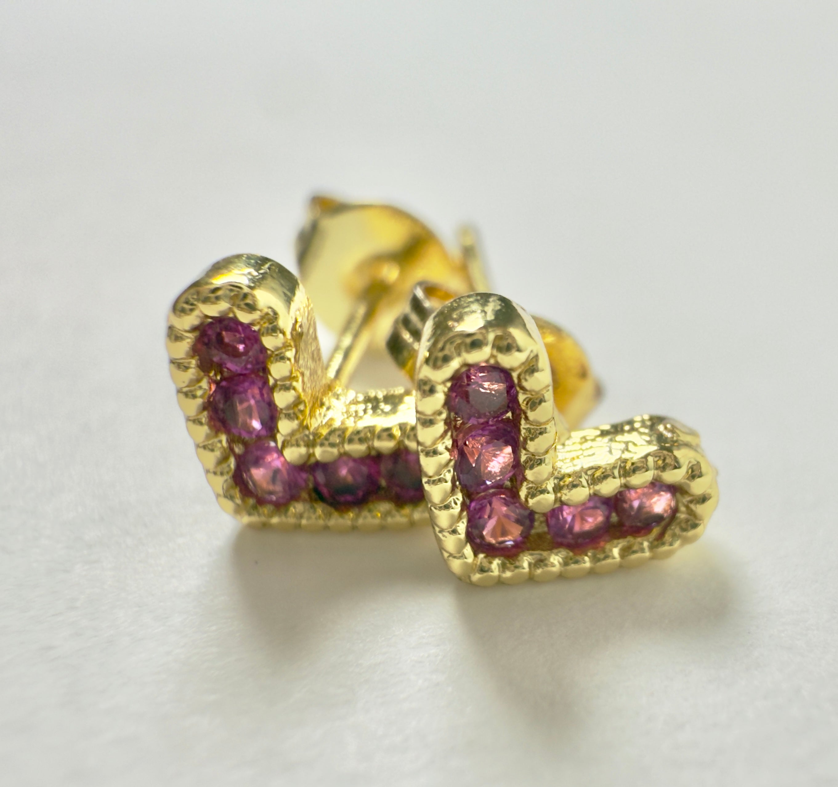 The Connie - Heart Stud Earrings with Dark Pink Cubic Zirconia Accents