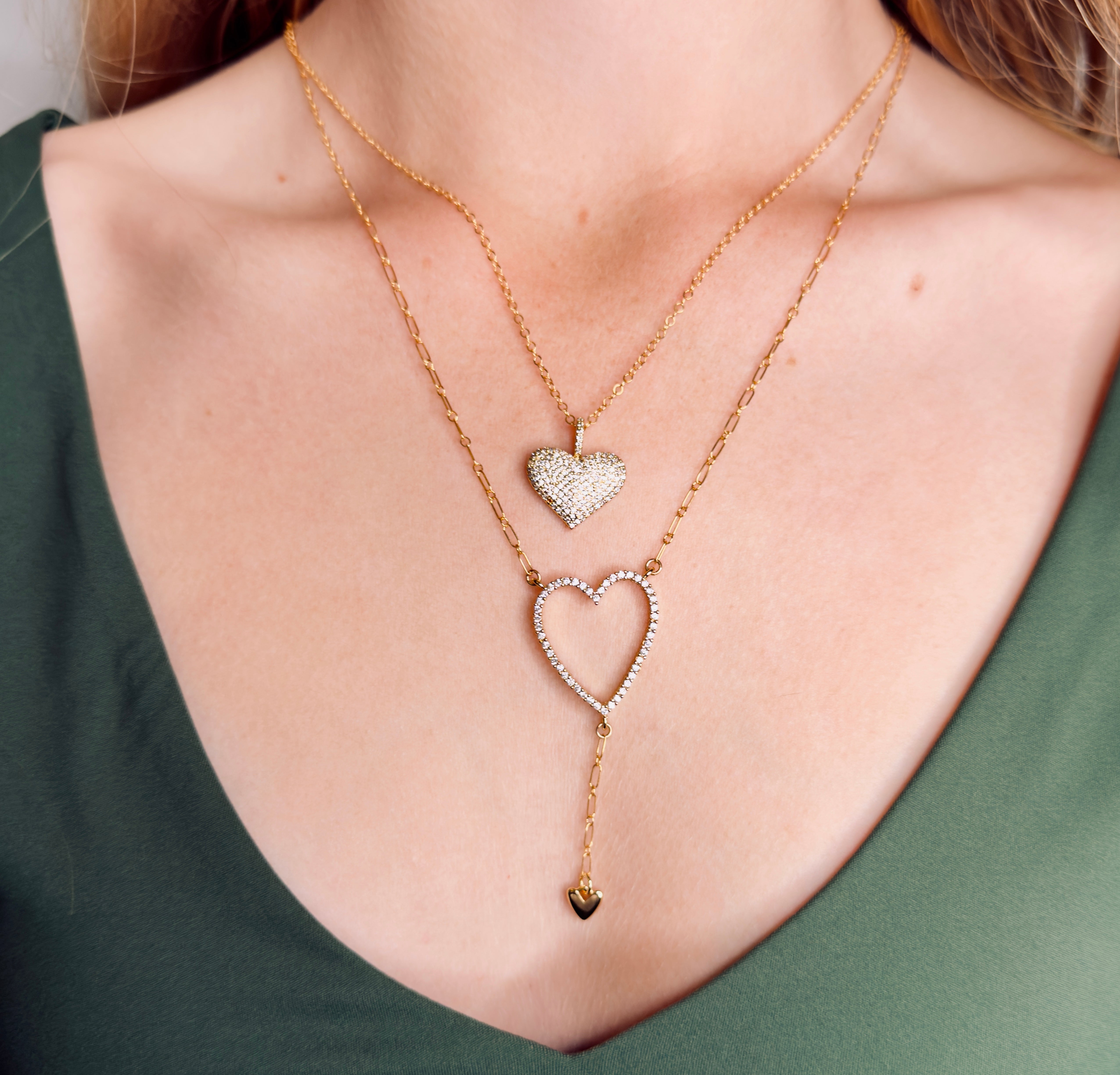 The Ellen - Heart with Drop Heart Lariat Necklace