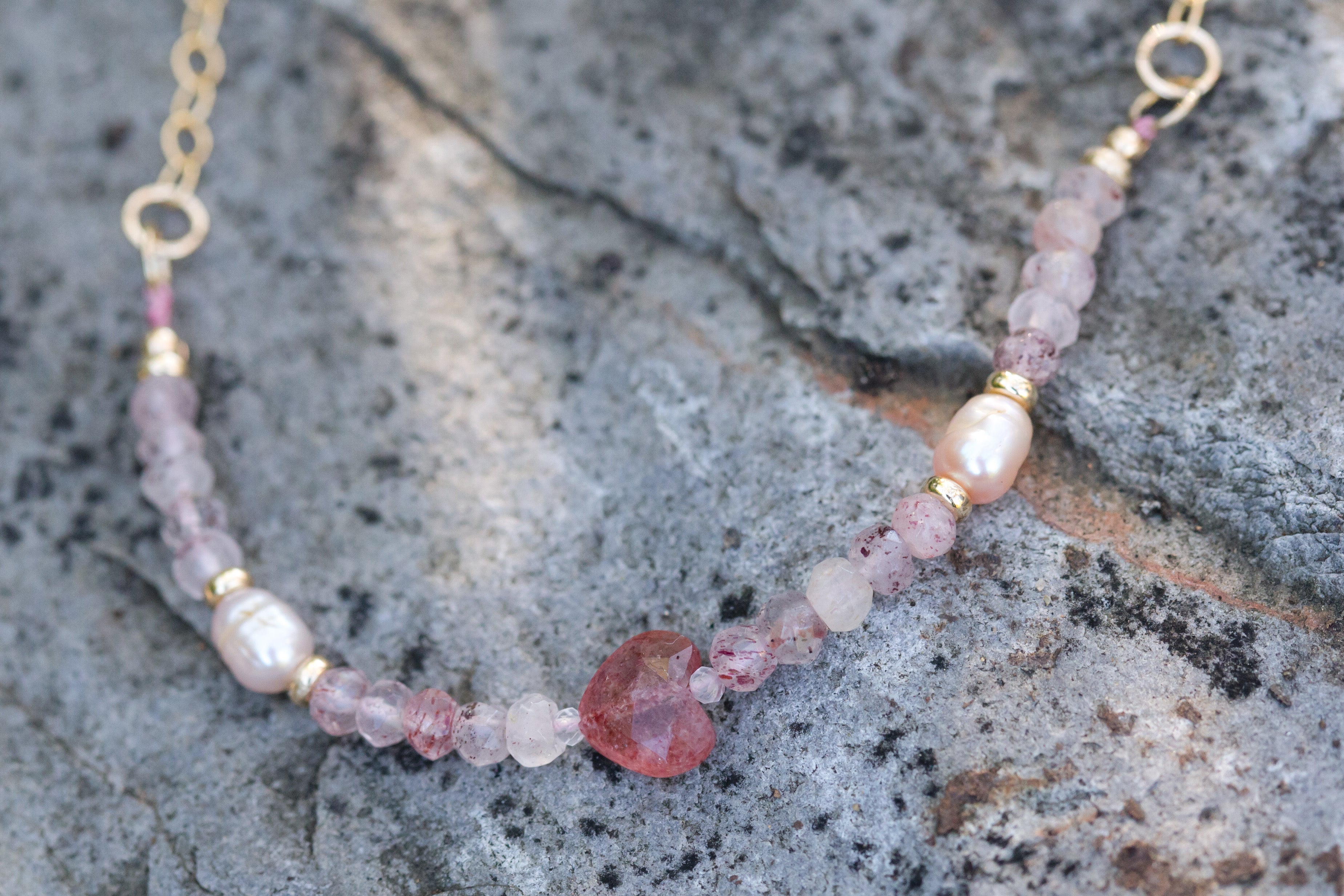 The Emma Rose - Gold with a Strawberry Quartz and  Pink Pearls Necklace