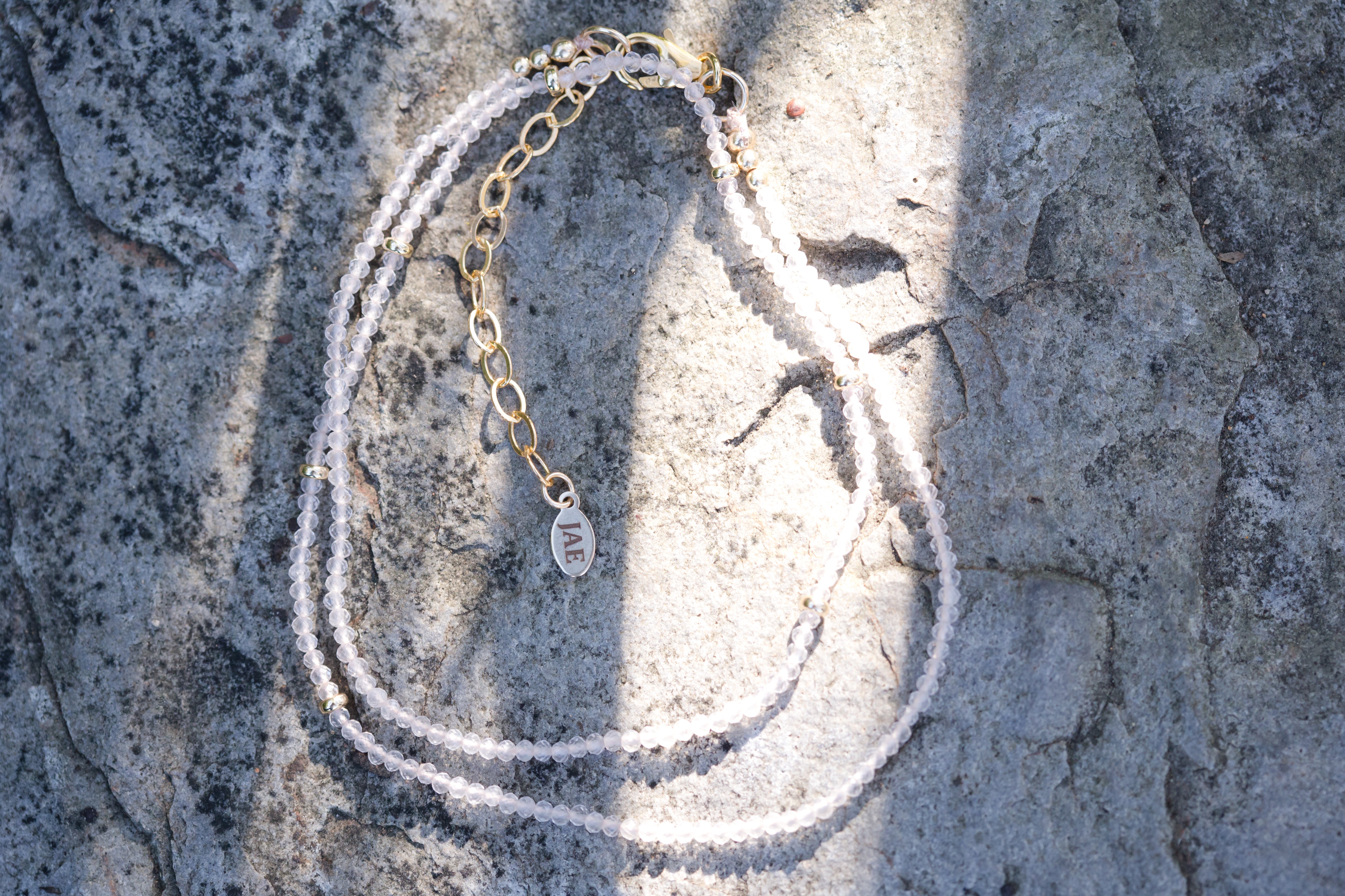 The Lisa - Rose Quartz and Gold Station Bead Necklace
