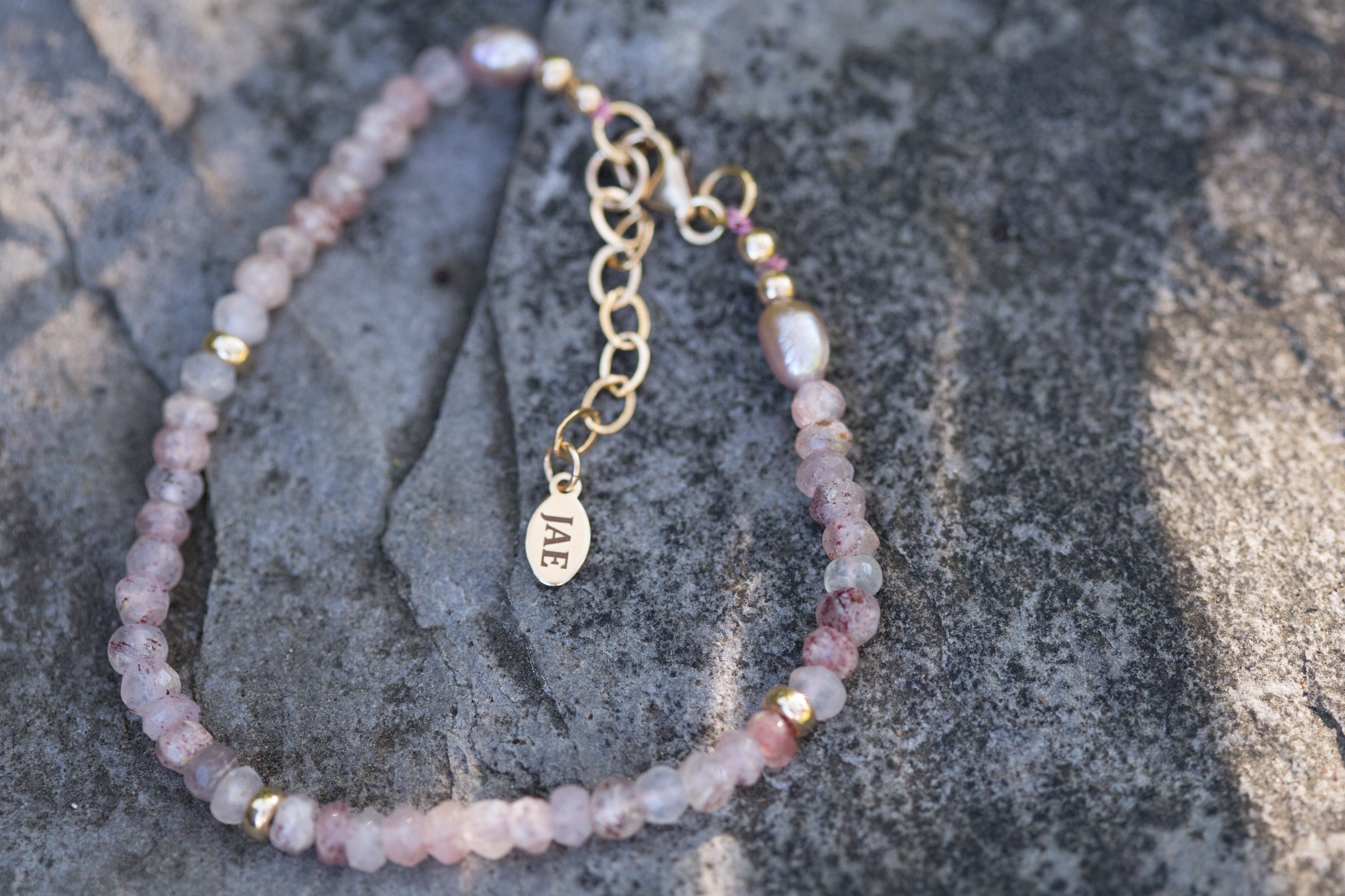 The Leslie - Strawberry Quartz, Gold Beads and Freshwater Pearl Bracelet