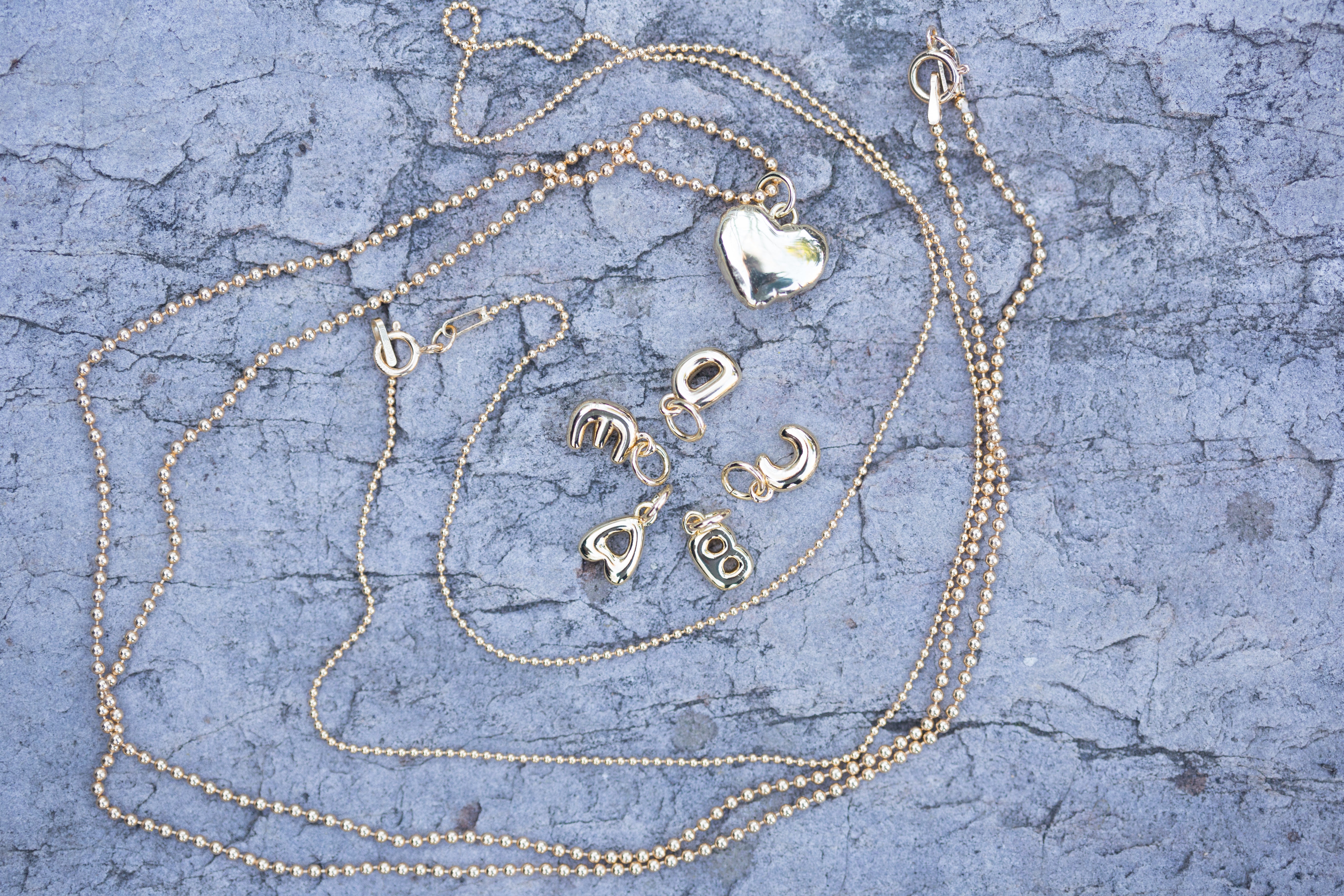 14K Gold Puff Initial Charm on a Ball Chain Necklace