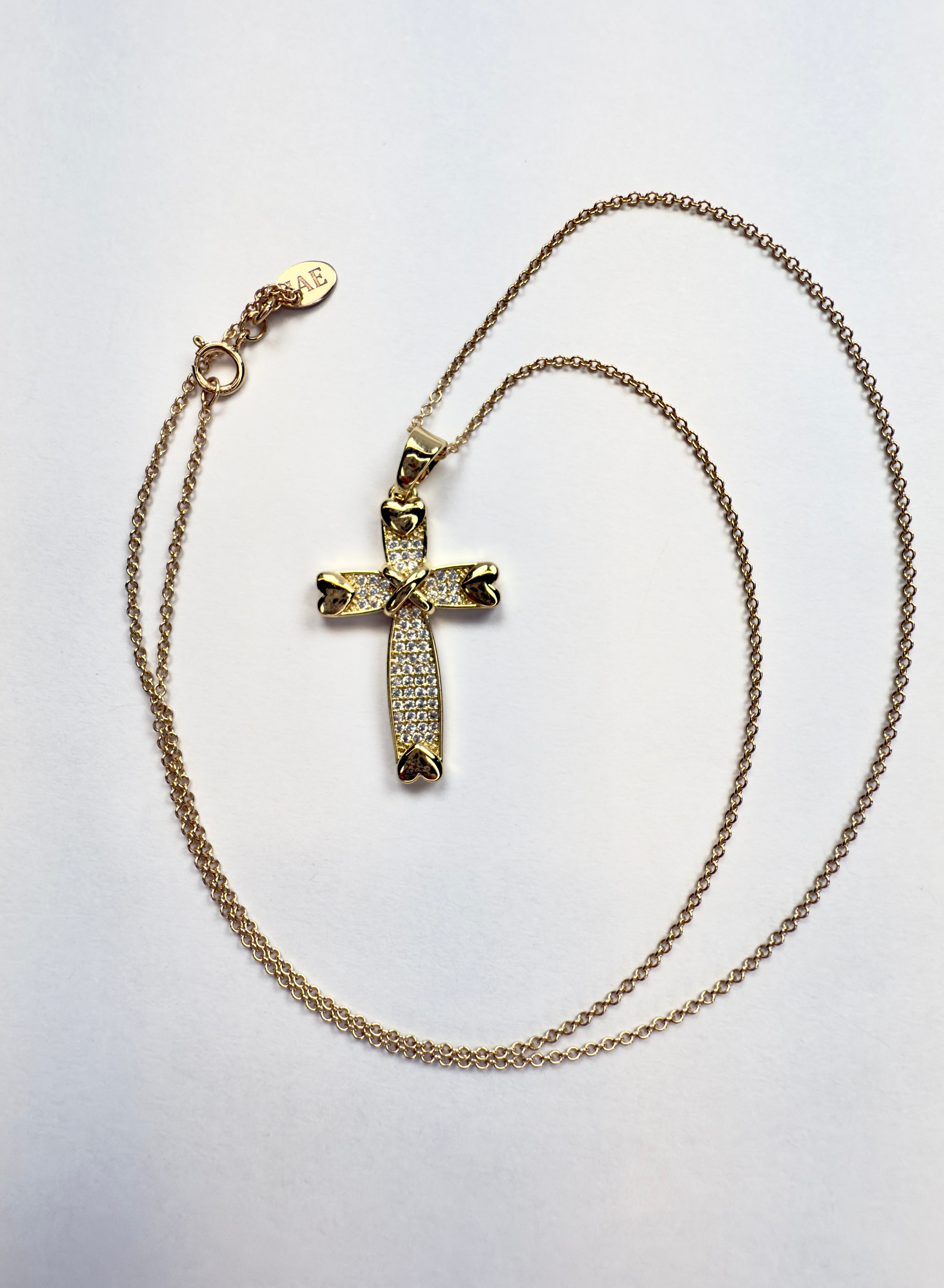 The Shinny "Go Bells" - Hearts Detail Pavé Cross Necklace