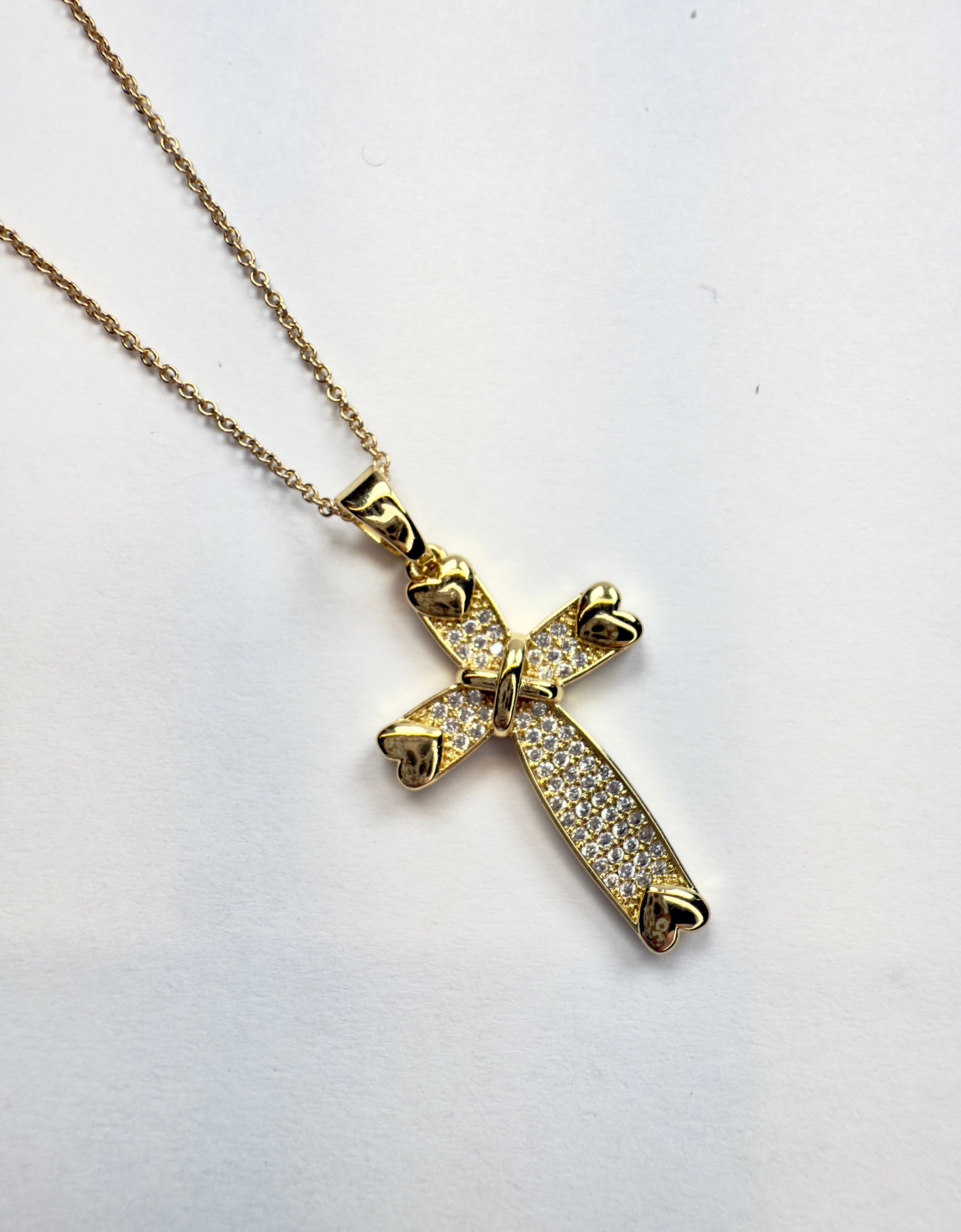 The Shinny "Go Bells" - Hearts Detail Pavé Cross Necklace