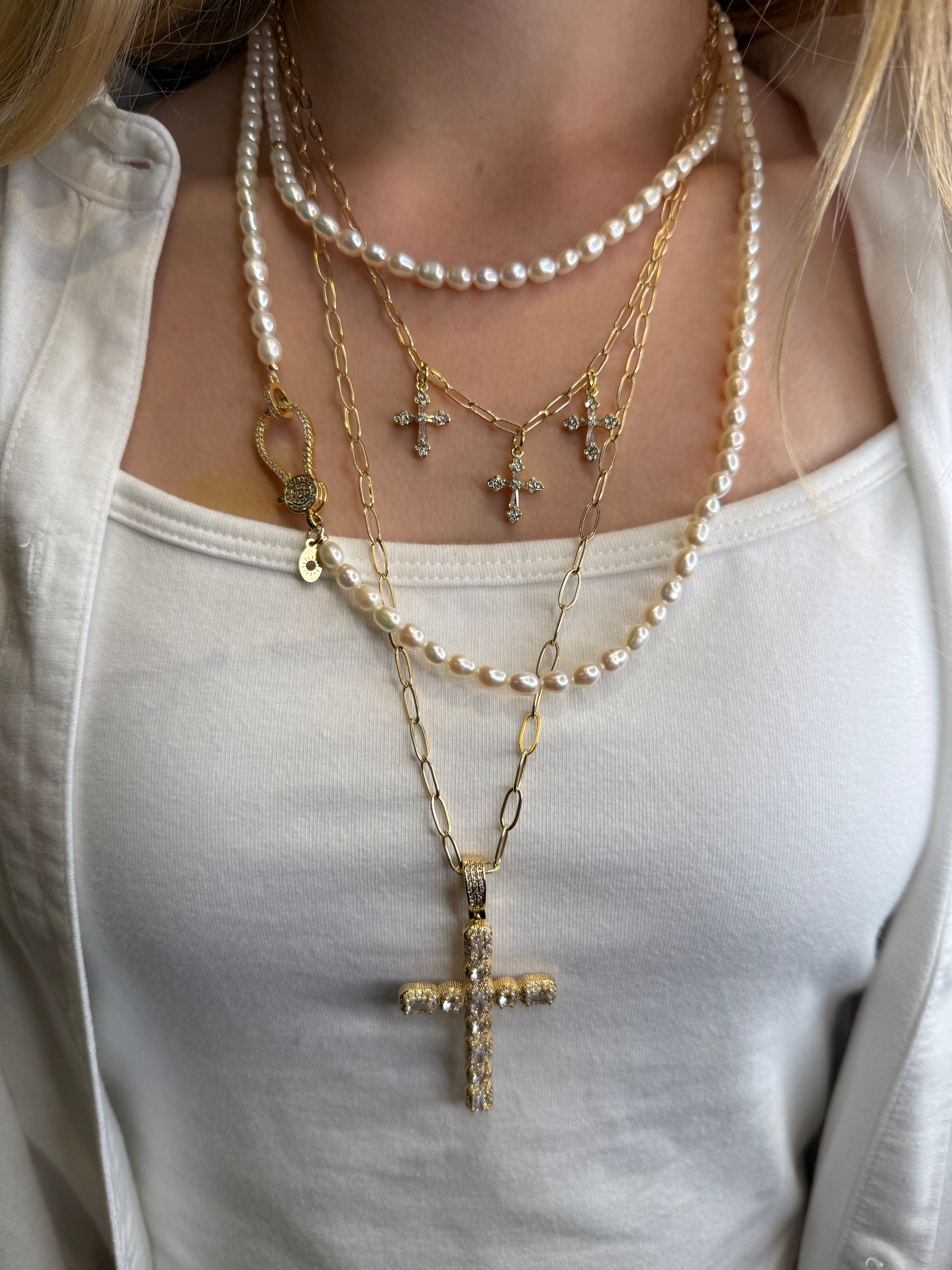 The Victor - Freshwater Pearl with a Gold and Pave Lobster Clasp Necklace