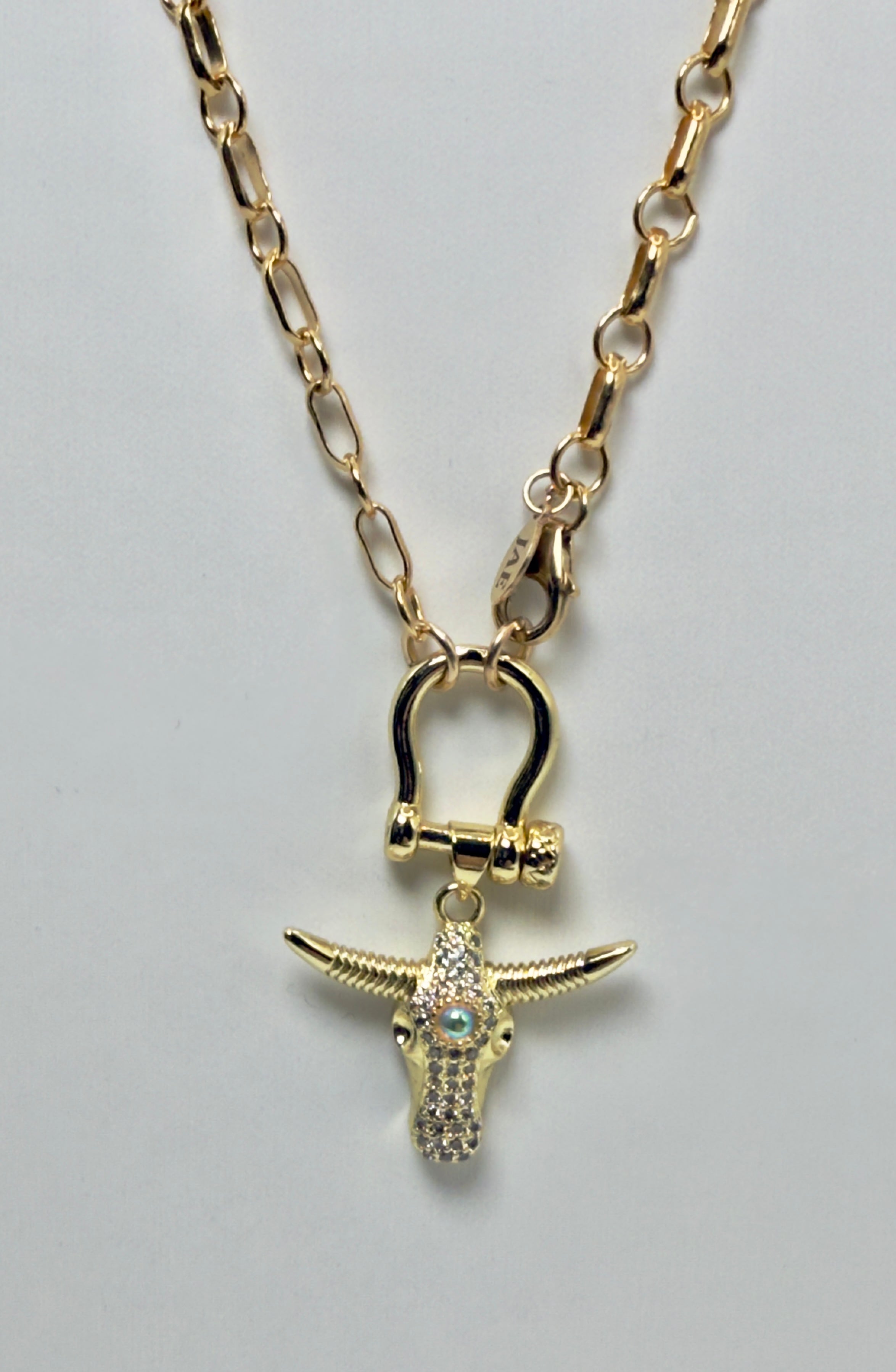 The Wesley -  A Bar and Link Bridle Clasp Necklace with CZ Steer Head Charm