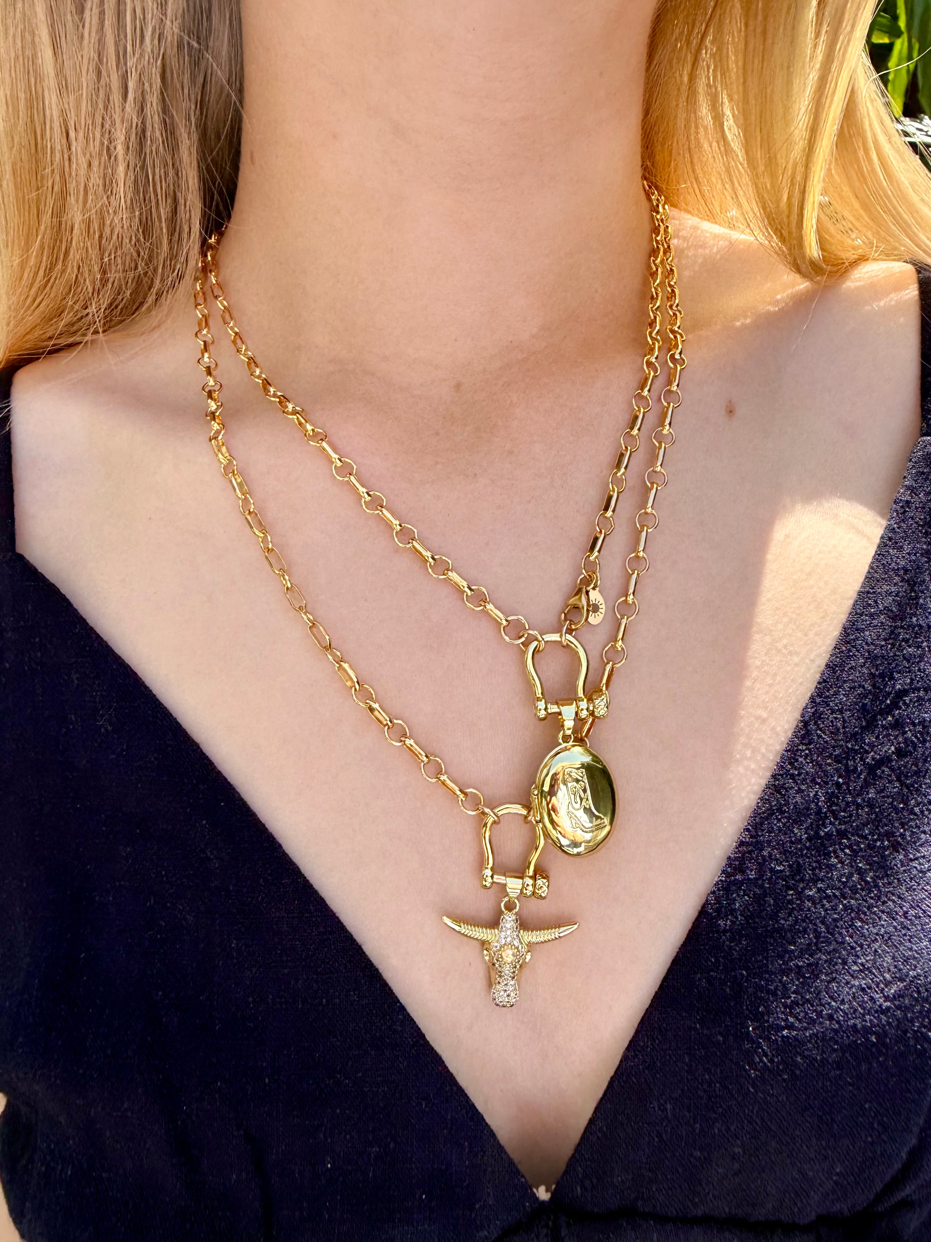 The Wesley -  A Bar and Link Bridle Clasp Necklace with CZ Steer Head Charm