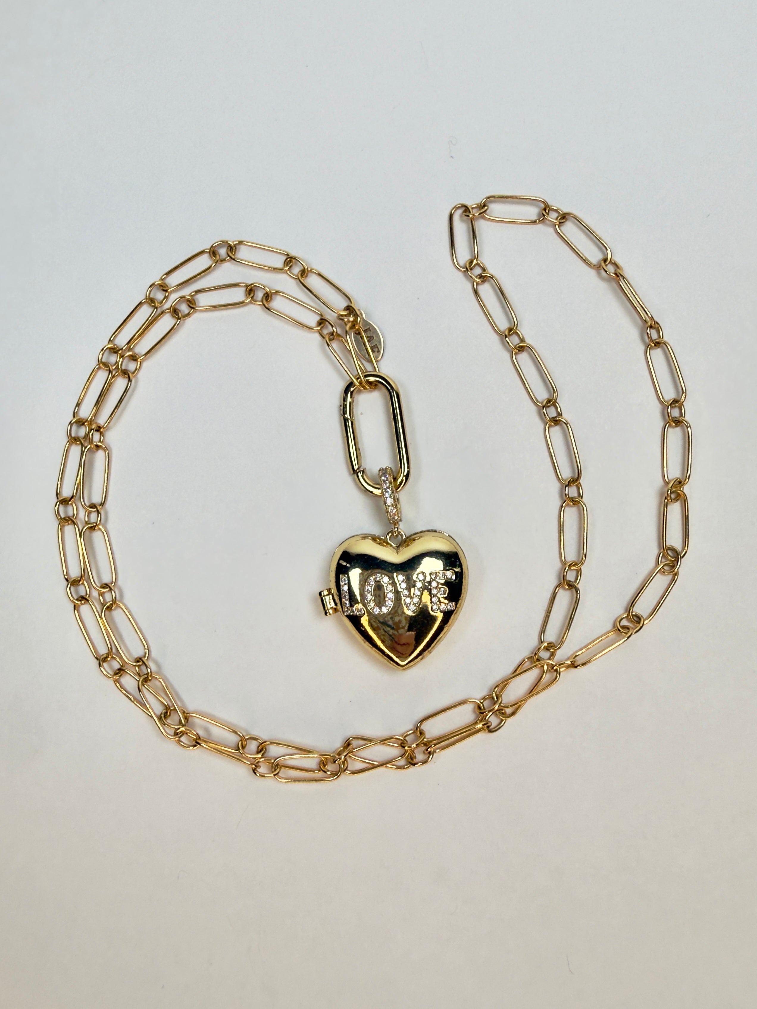 The Kaaren Necklace - Paperclip and Cable Chain with Carabiner Clasp and Love Heart Locket Charm