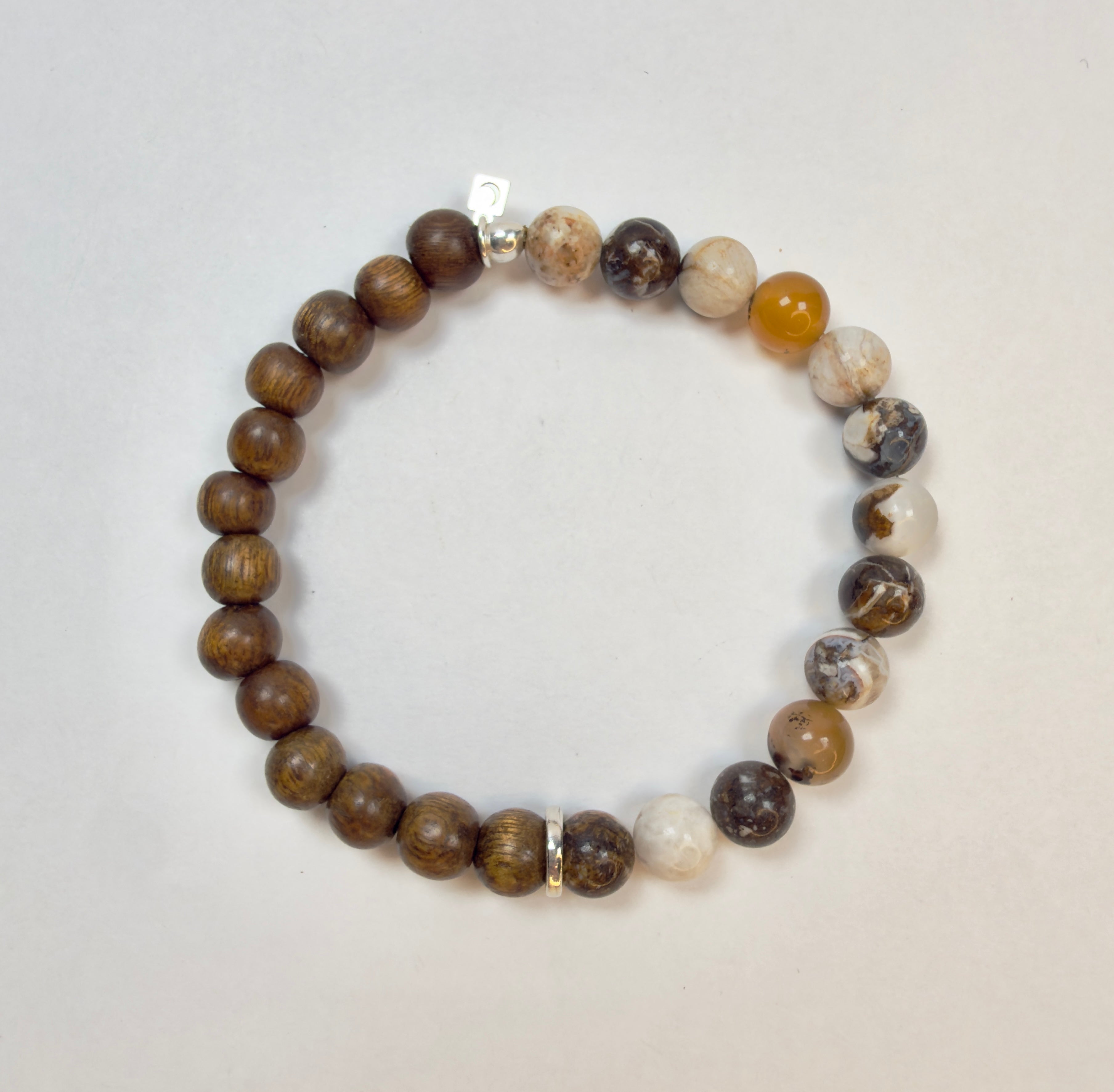 The Frey - Half and Half Petrified Wood and Brown Wood Beaded Bracelet with Sterling Accent