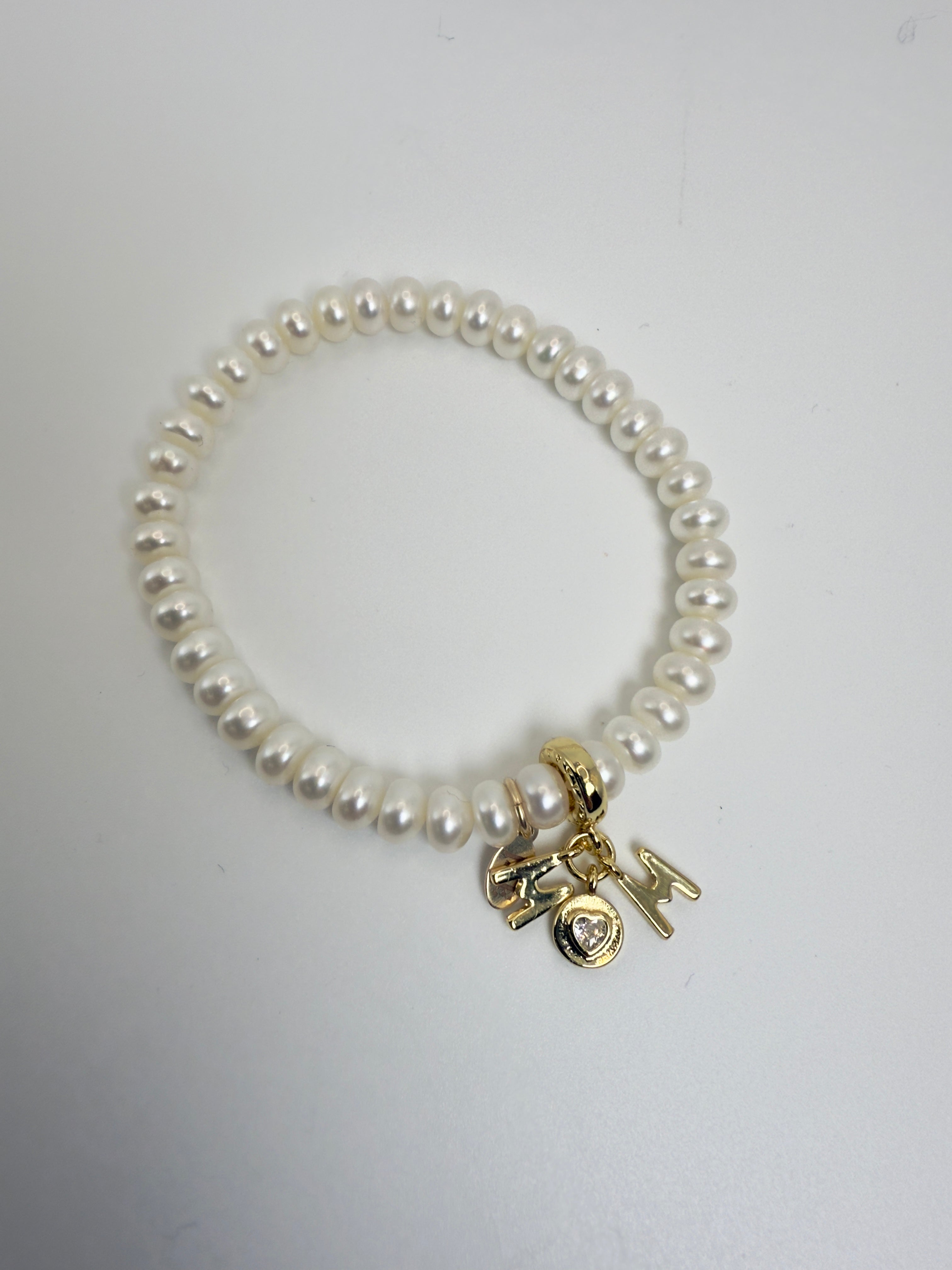 For Mom, A Cultured Button Pearl Bracelet with M O M Charm