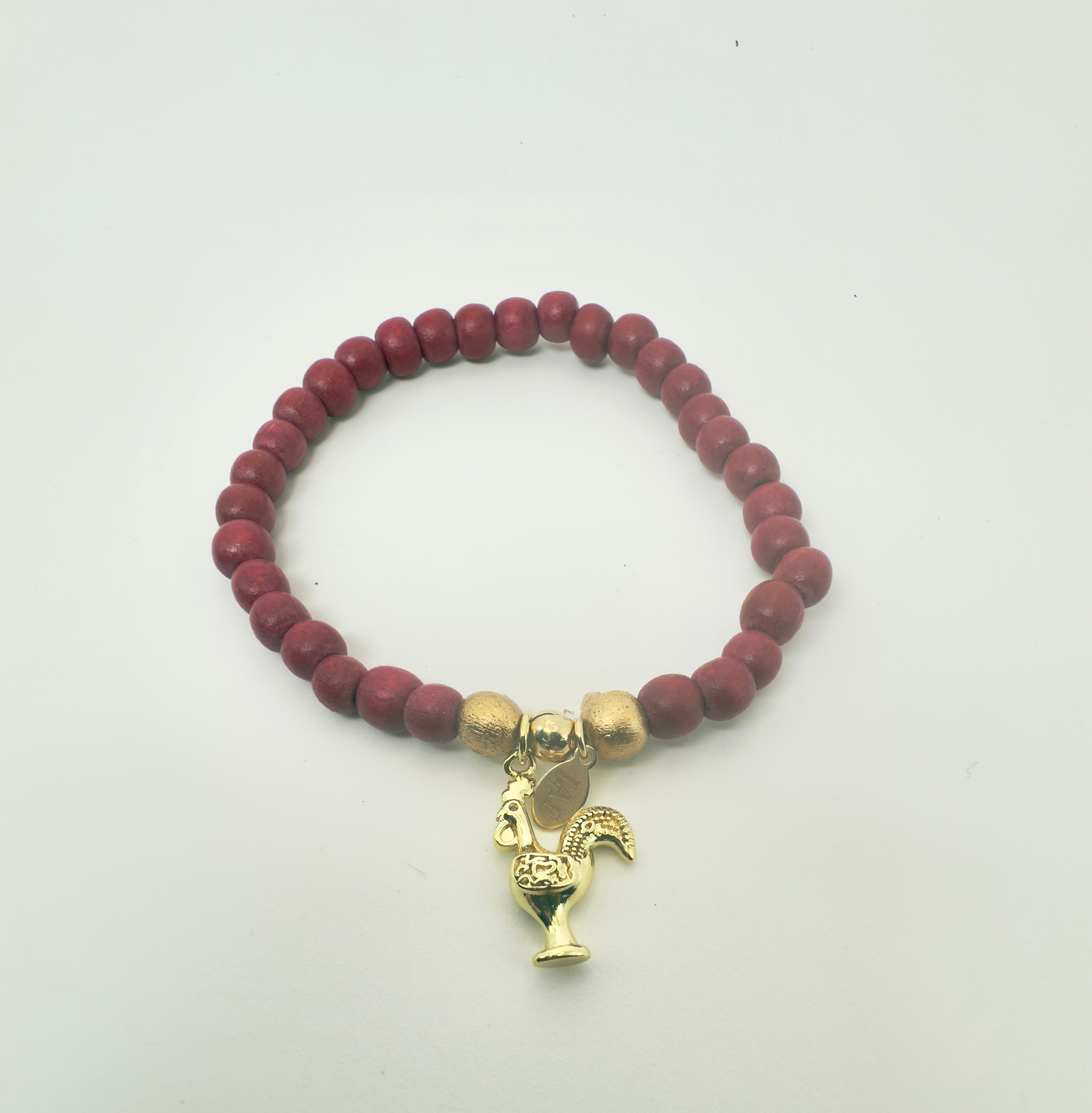 Red Wooden Bead Slip-on Style Bracelet with Rooster Charm