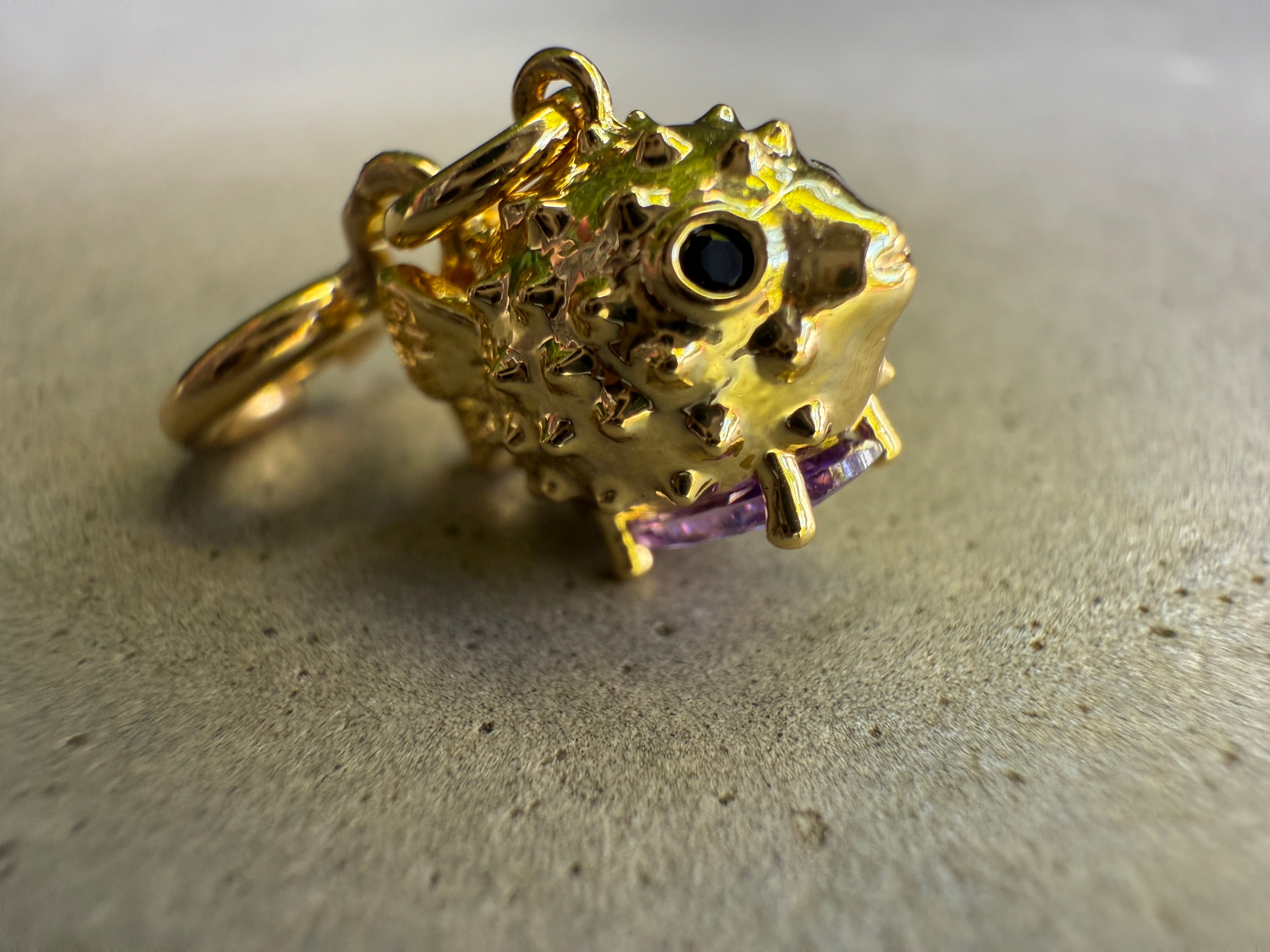 Pufferfish with Purple CZ Charm with Clip-on Connector