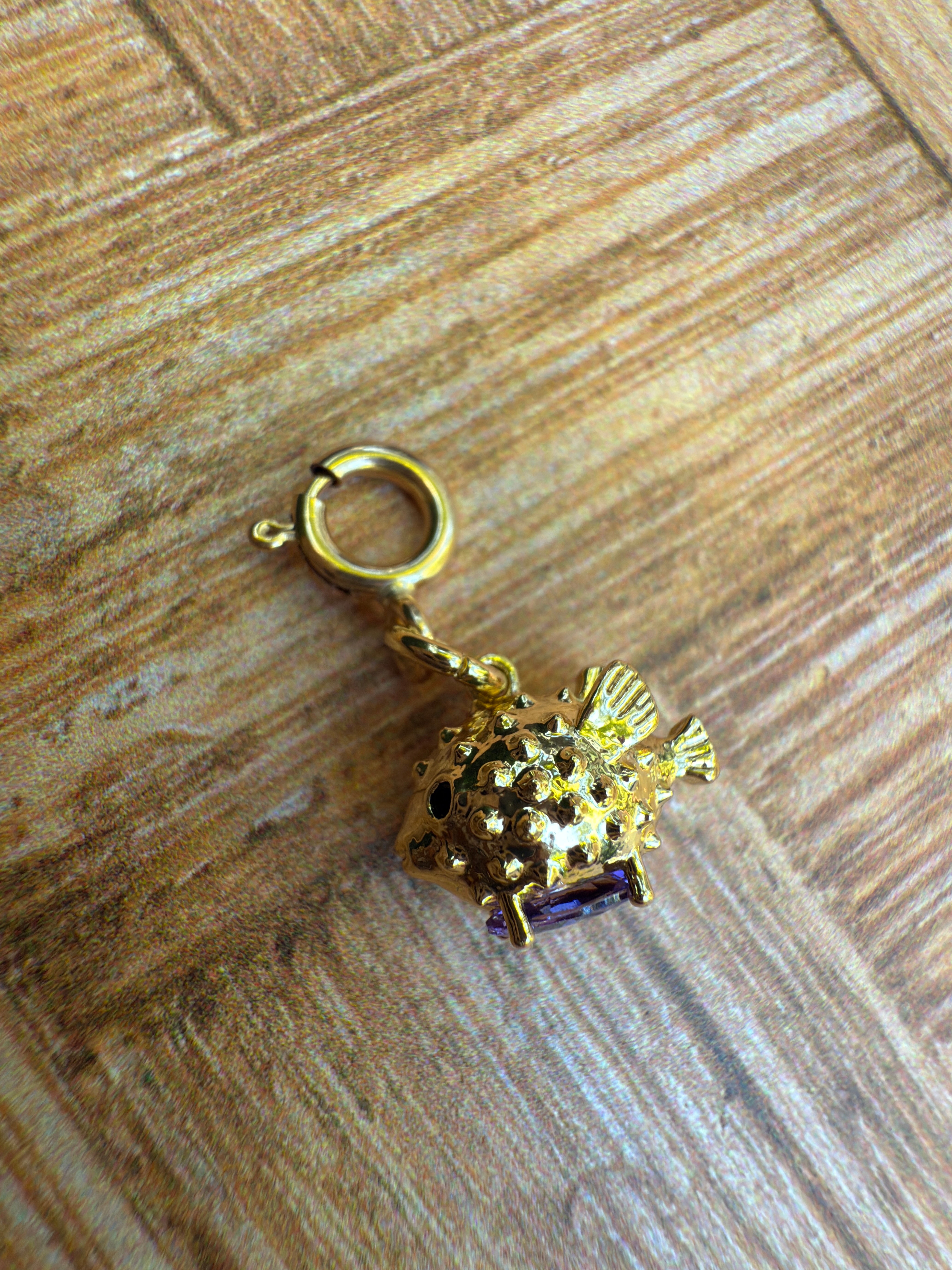Pufferfish with Purple CZ Charm with Clip-on Connector