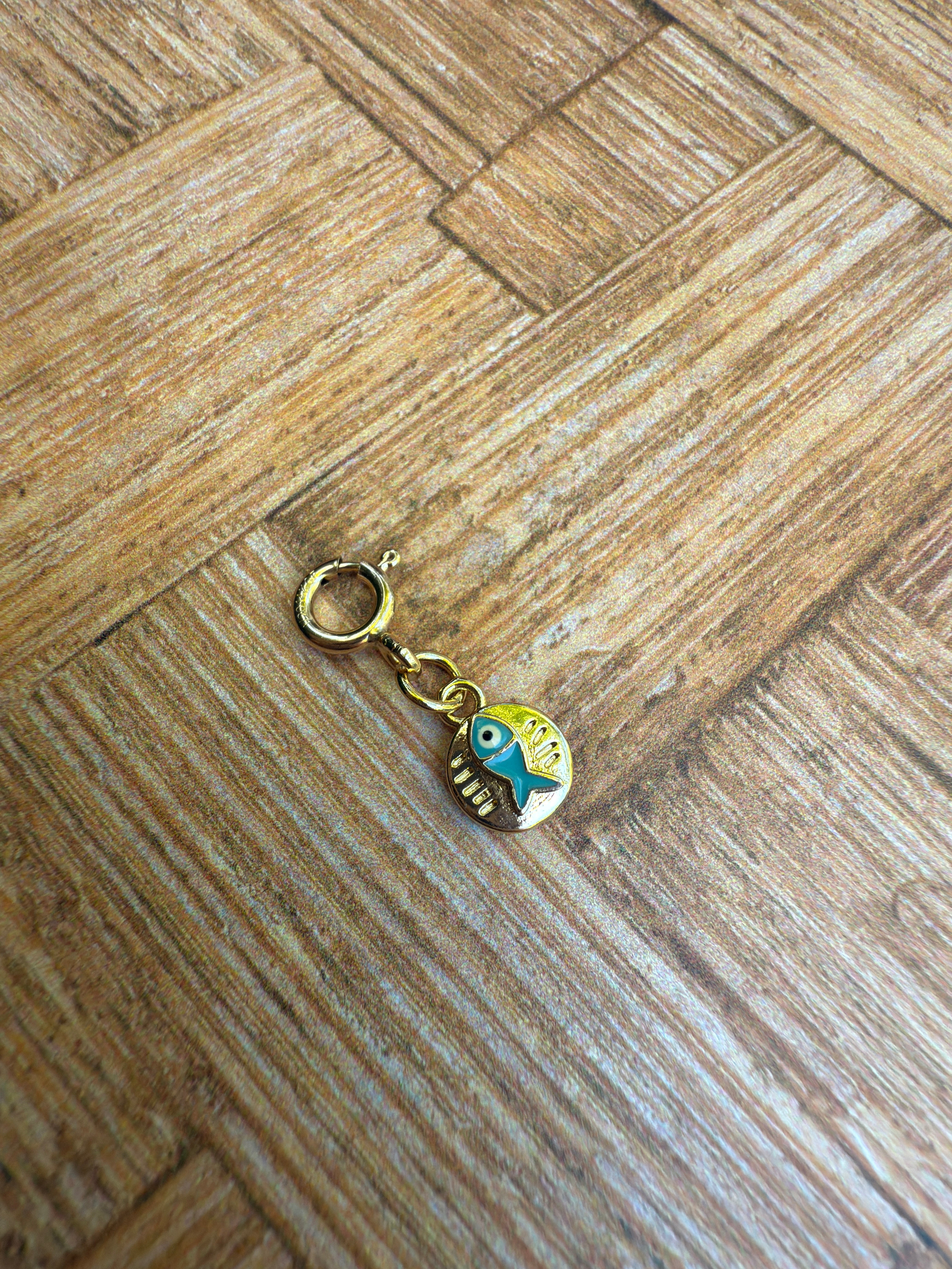 Mini Blue Fish Medallion Charm with Clip-on Connector