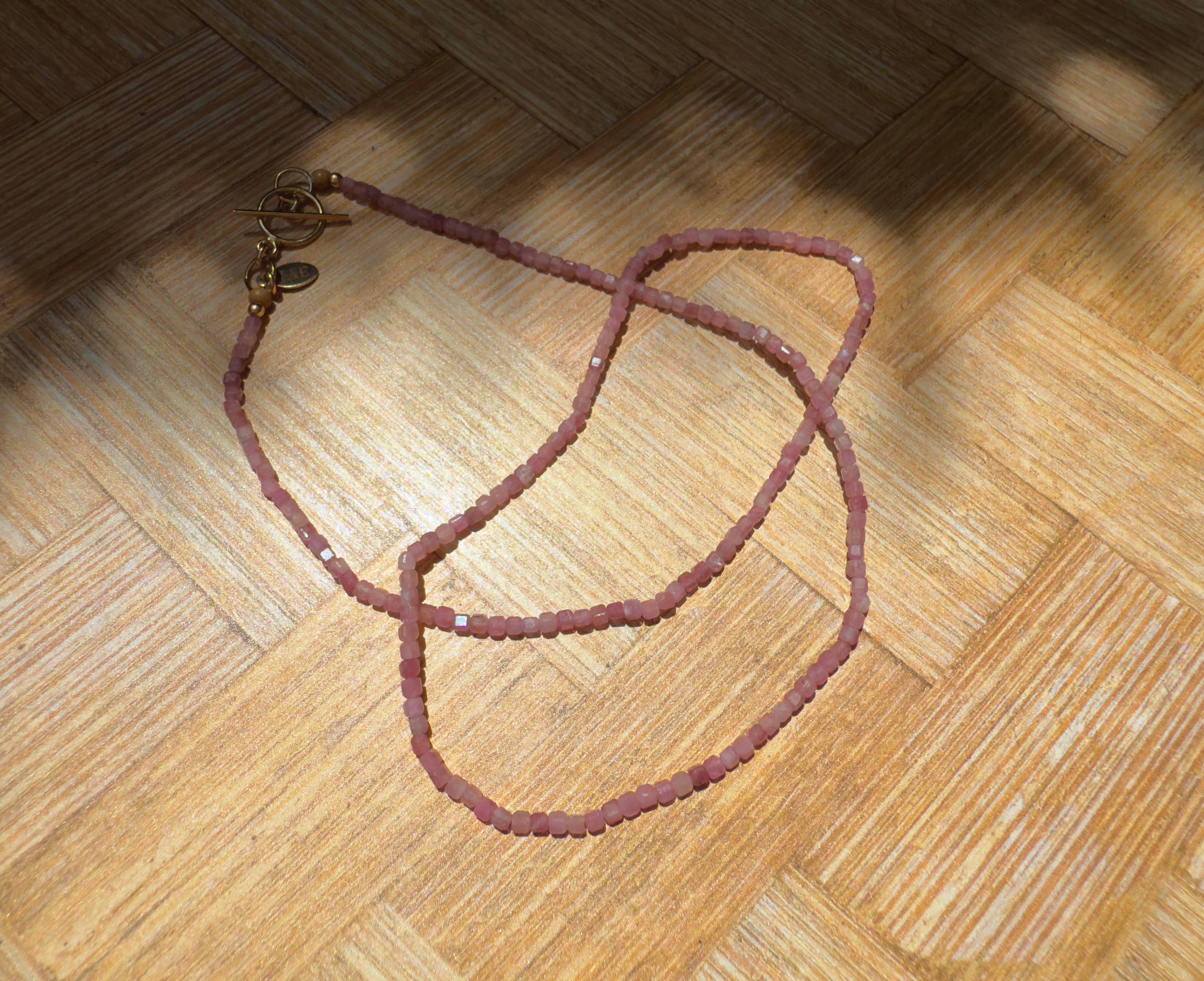 Pink Tourmaline Faceted Cube Beaded Necklace with Toggle Clasp