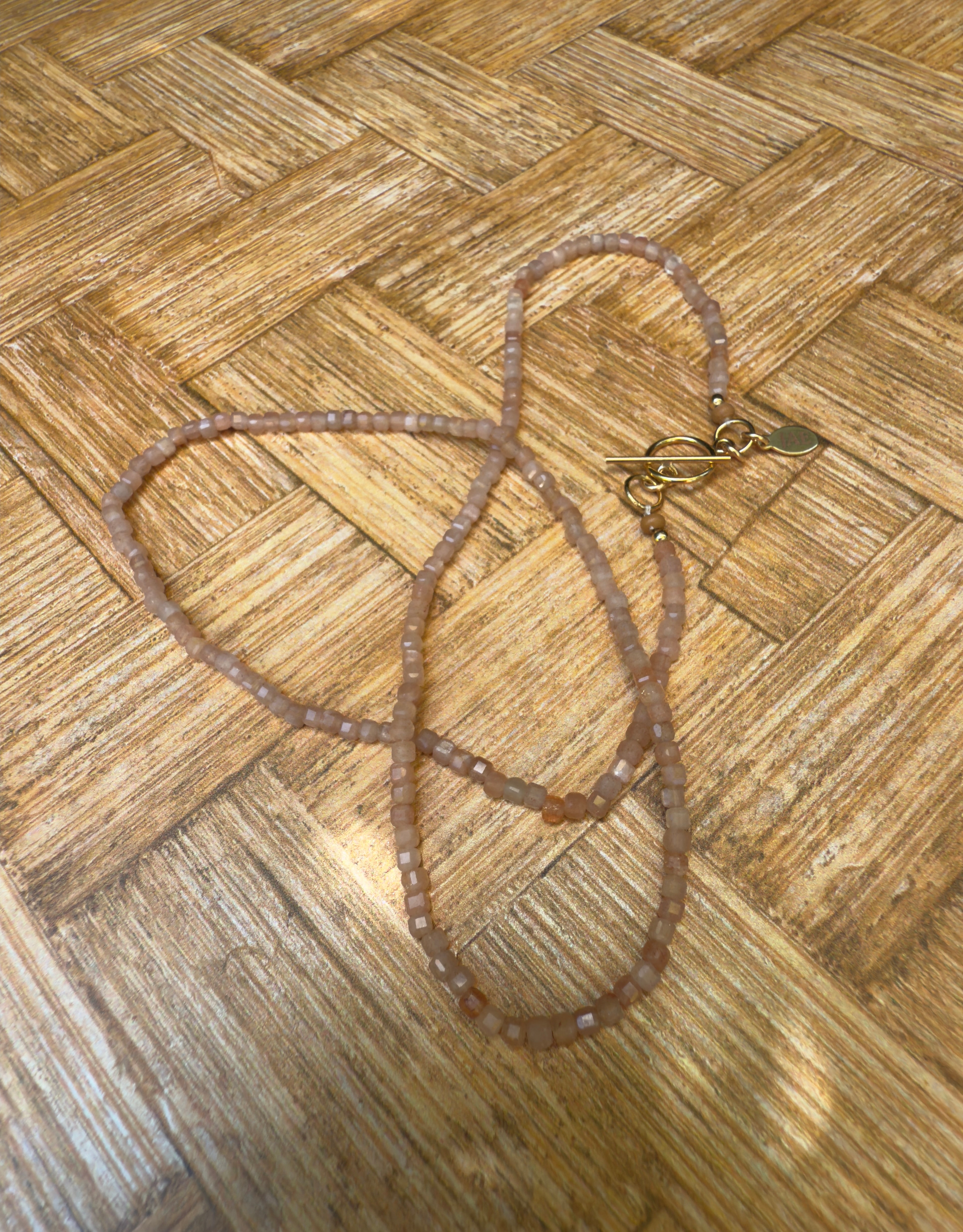 Peach Moonstone Faceted Cube Necklace with Toggle Clasp