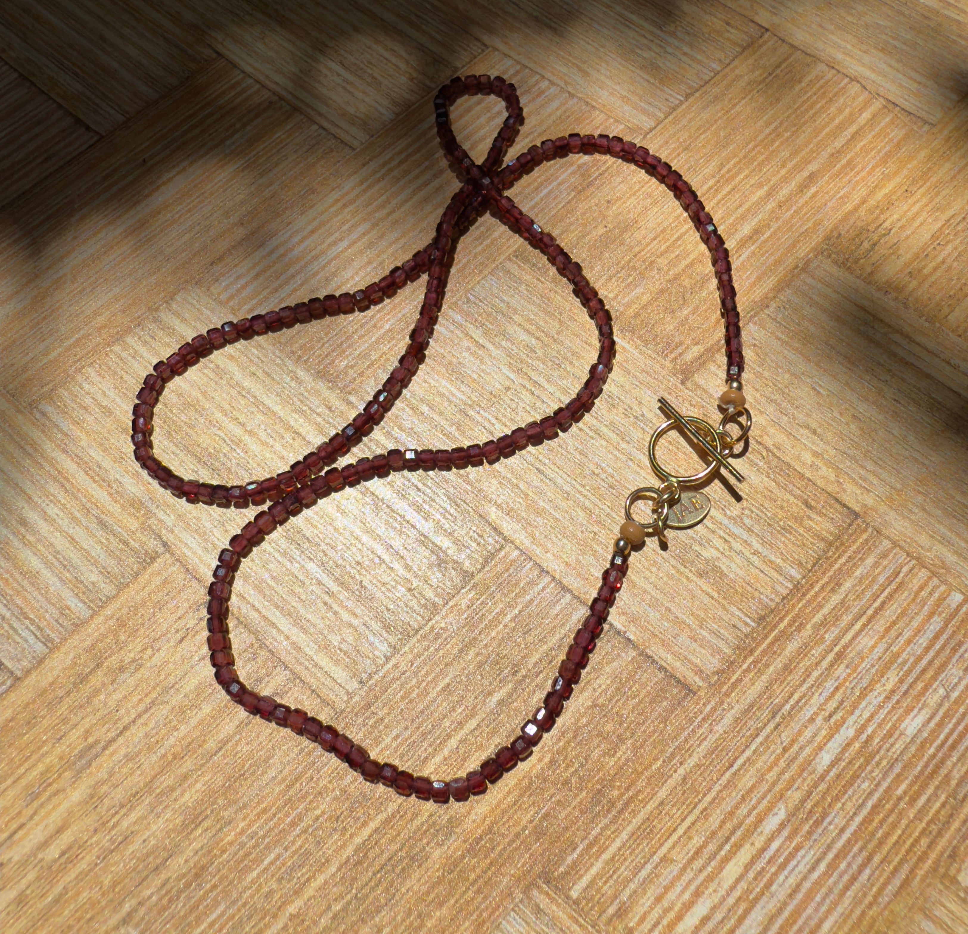 Garnet Faceted Cube Beaded Necklace with Toggle Clasp