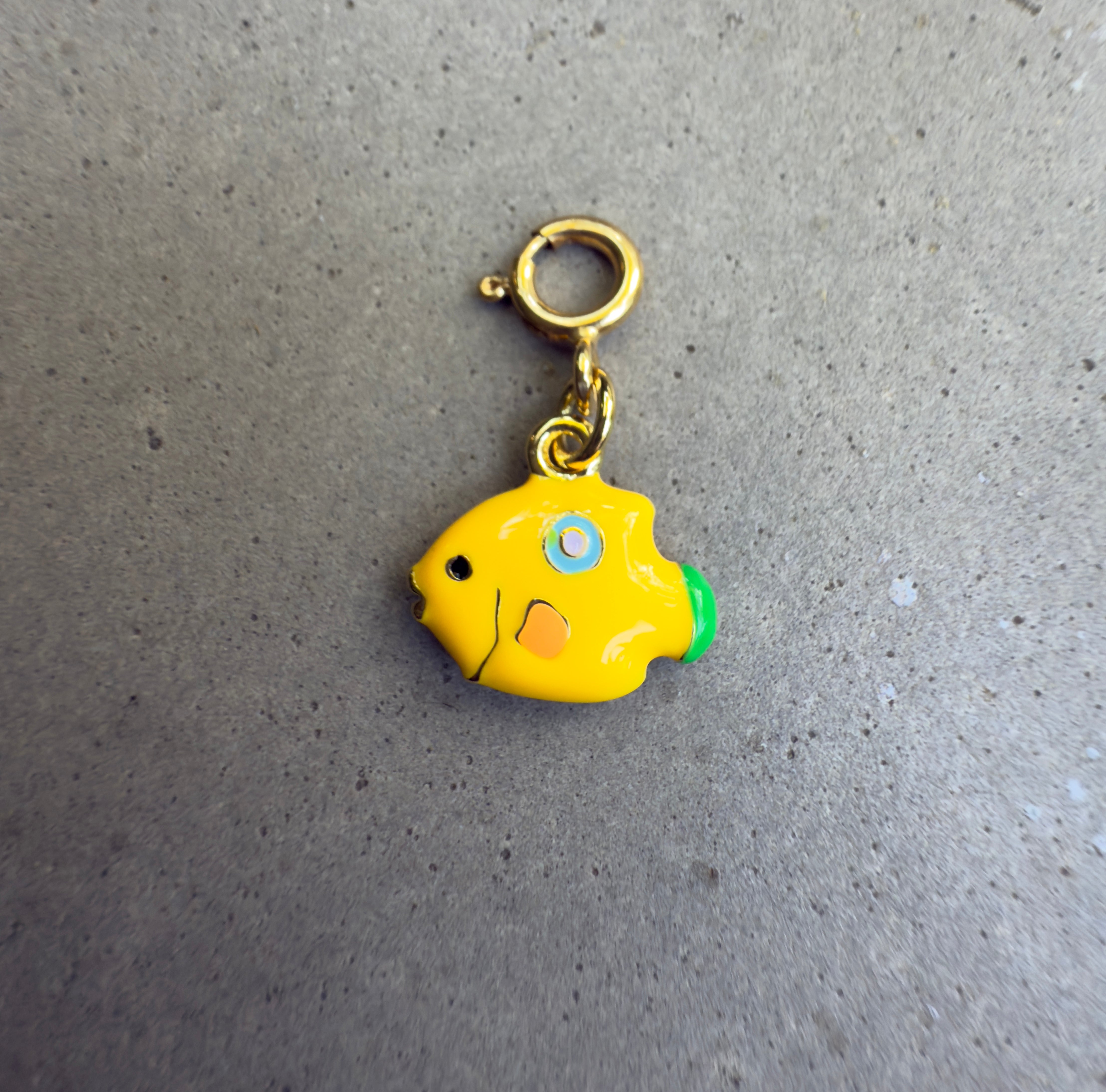 Yellow with Blue Enamel Fish Charm with Clip-on Connector
