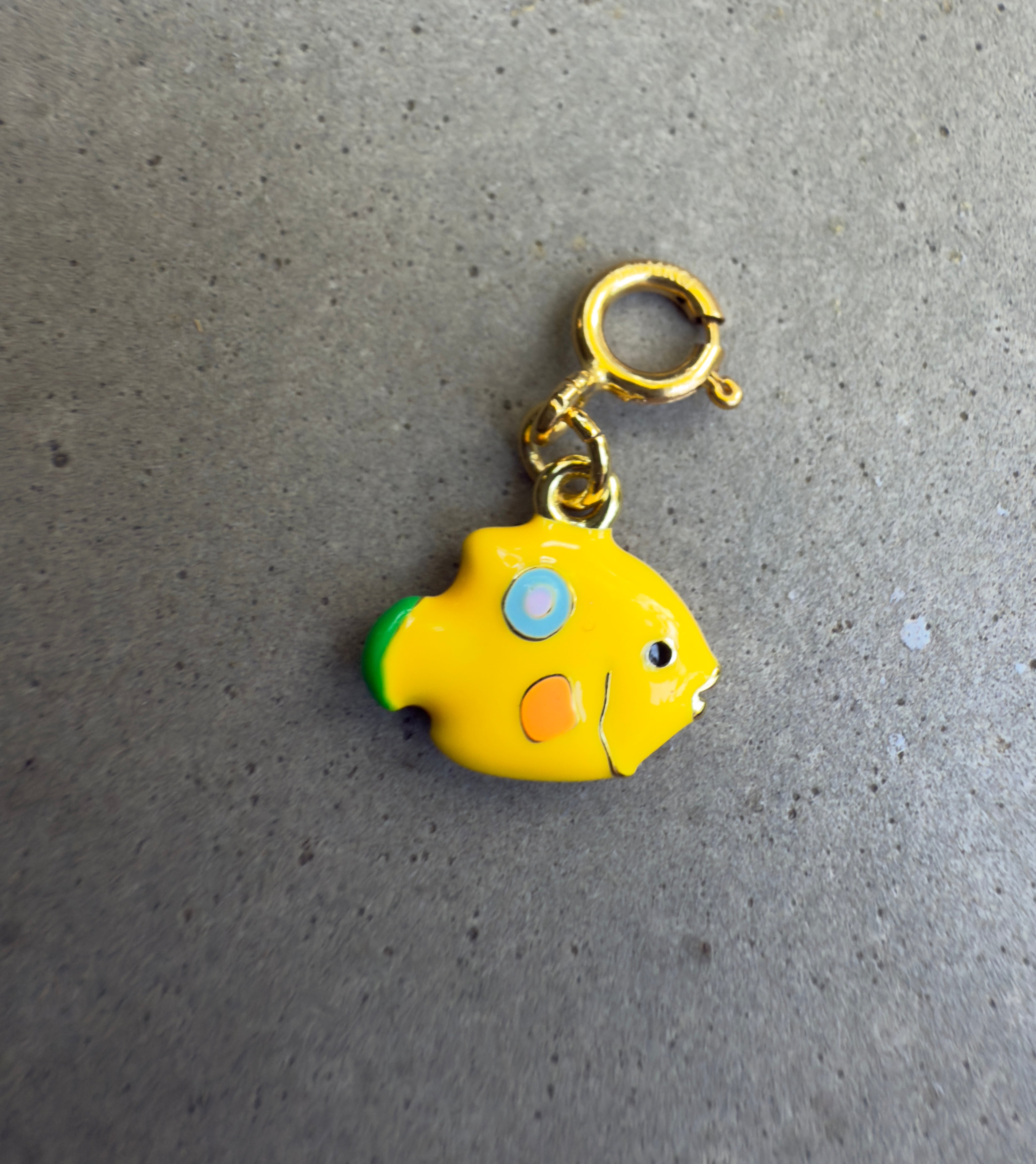 Yellow with Blue Enamel Fish Charm with Clip-on Connector