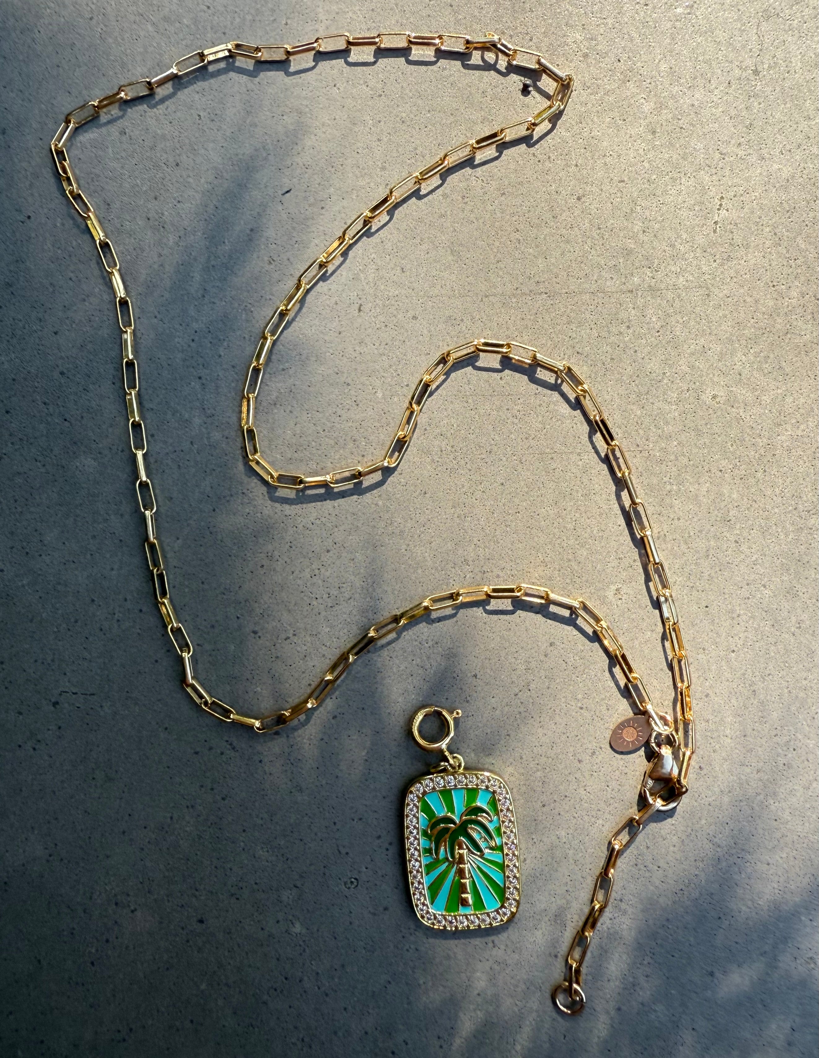 Enamel Palm Tree Lariat Charm Necklace - Adjustable 22" Chain