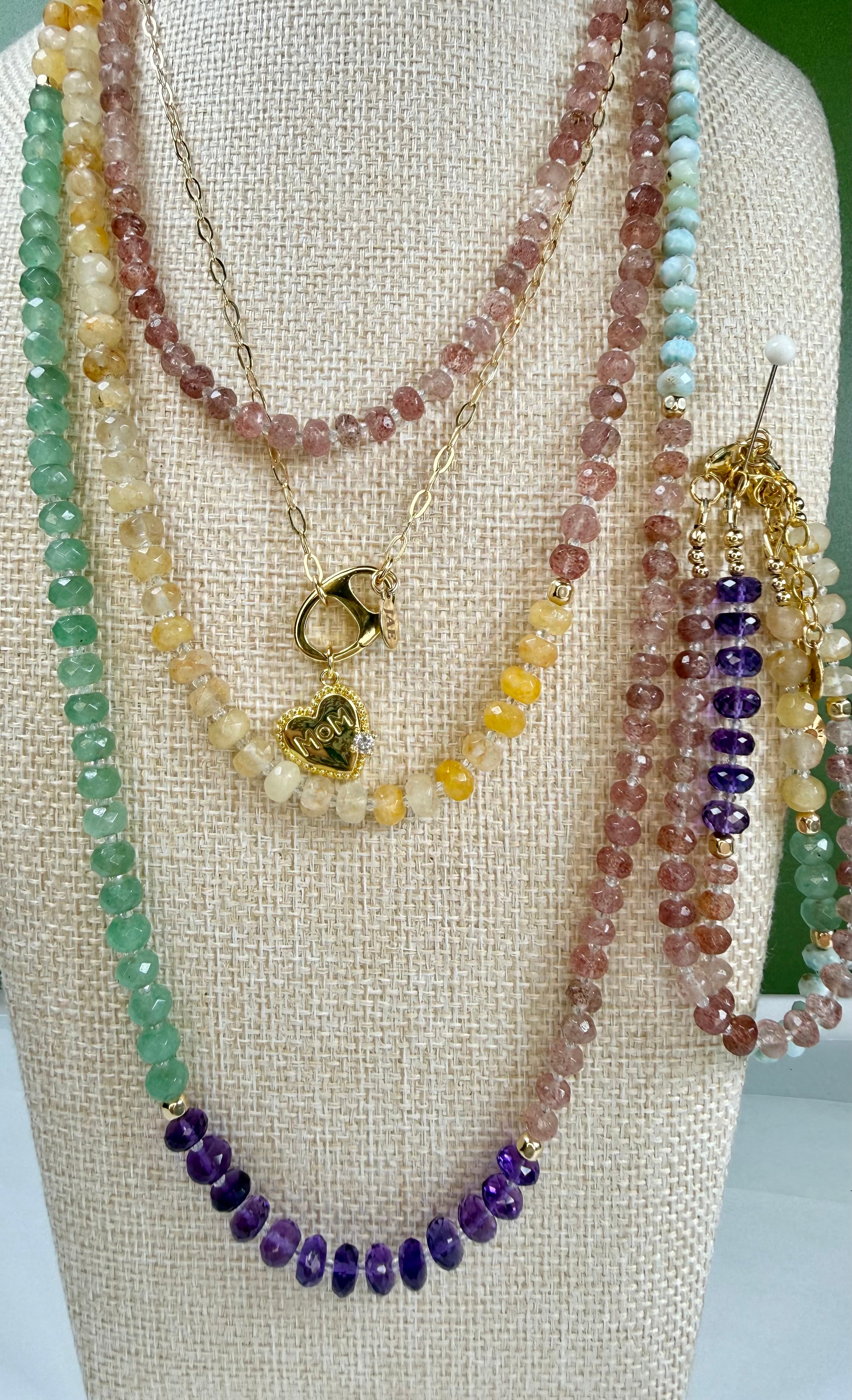 The Elinor - Larimar, Amethyst, Strawberry Quartz, Green Aventurine, Yellow Iron Quartz & White Topaz Beaded Necklace