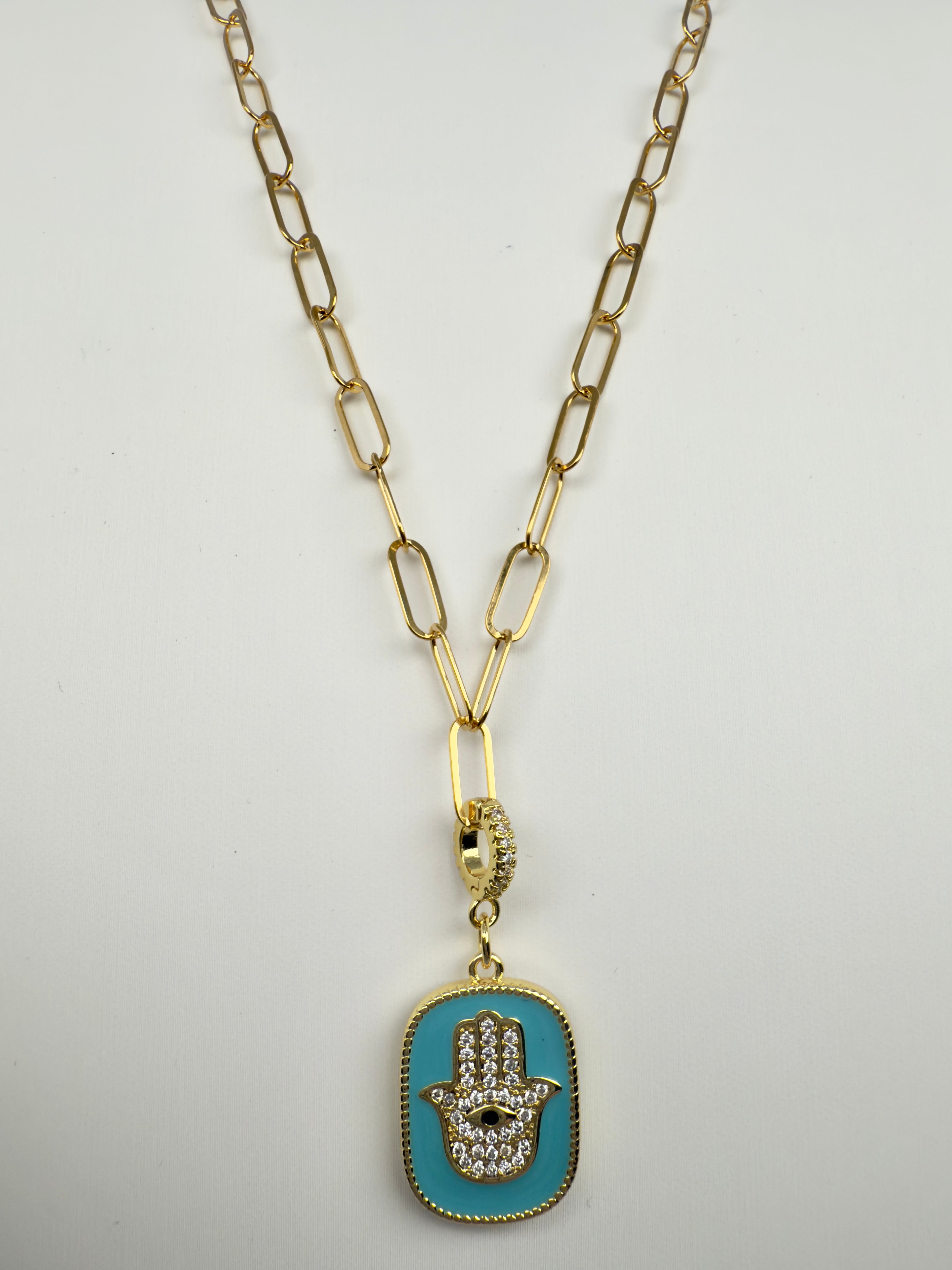 The Eva - Flat Paperclip Chain with Double-sided  Removable Hamsa Hand Pendant