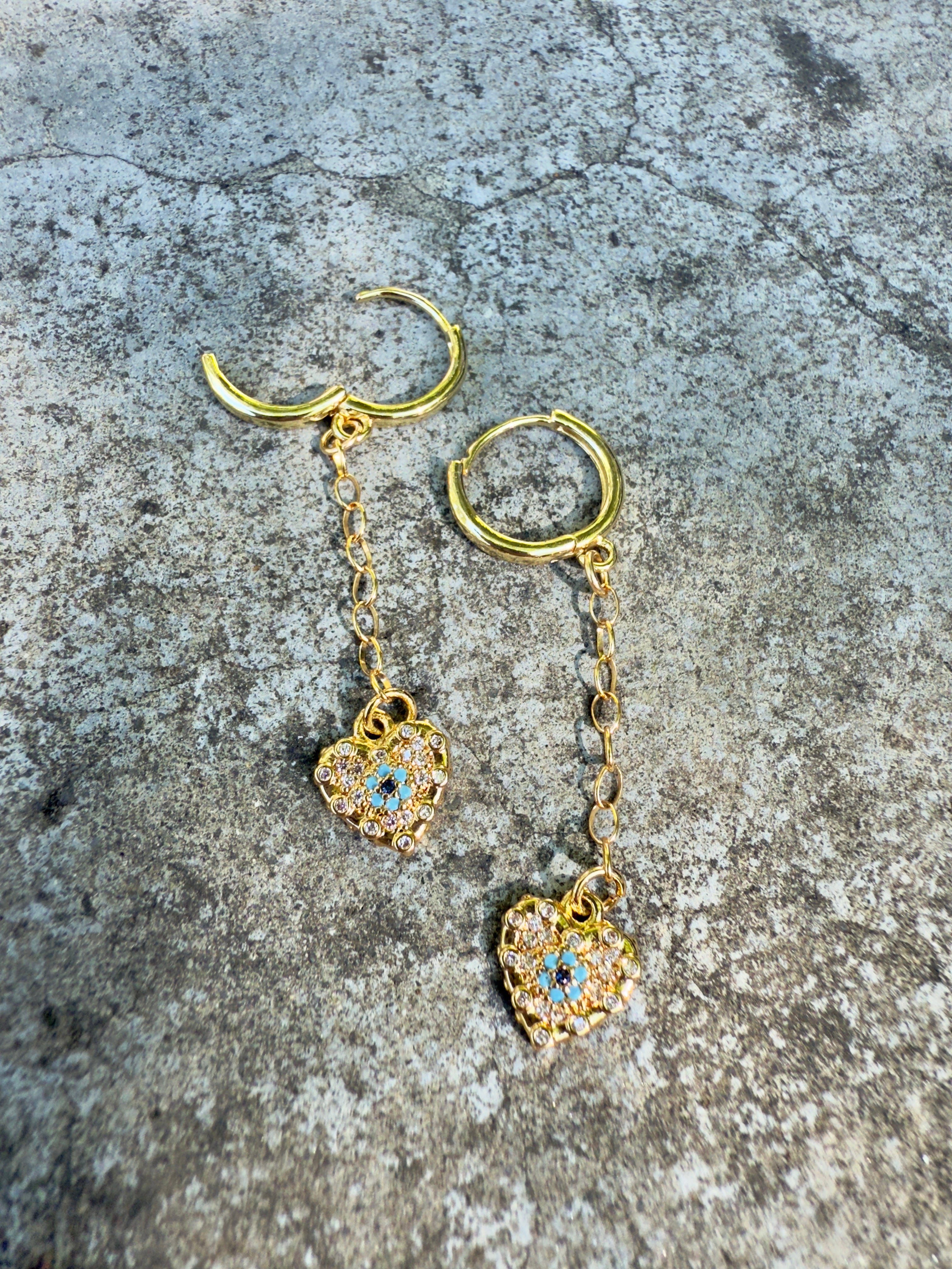 The River - Evil Eye Heart Chain Drop Huggie Earrings