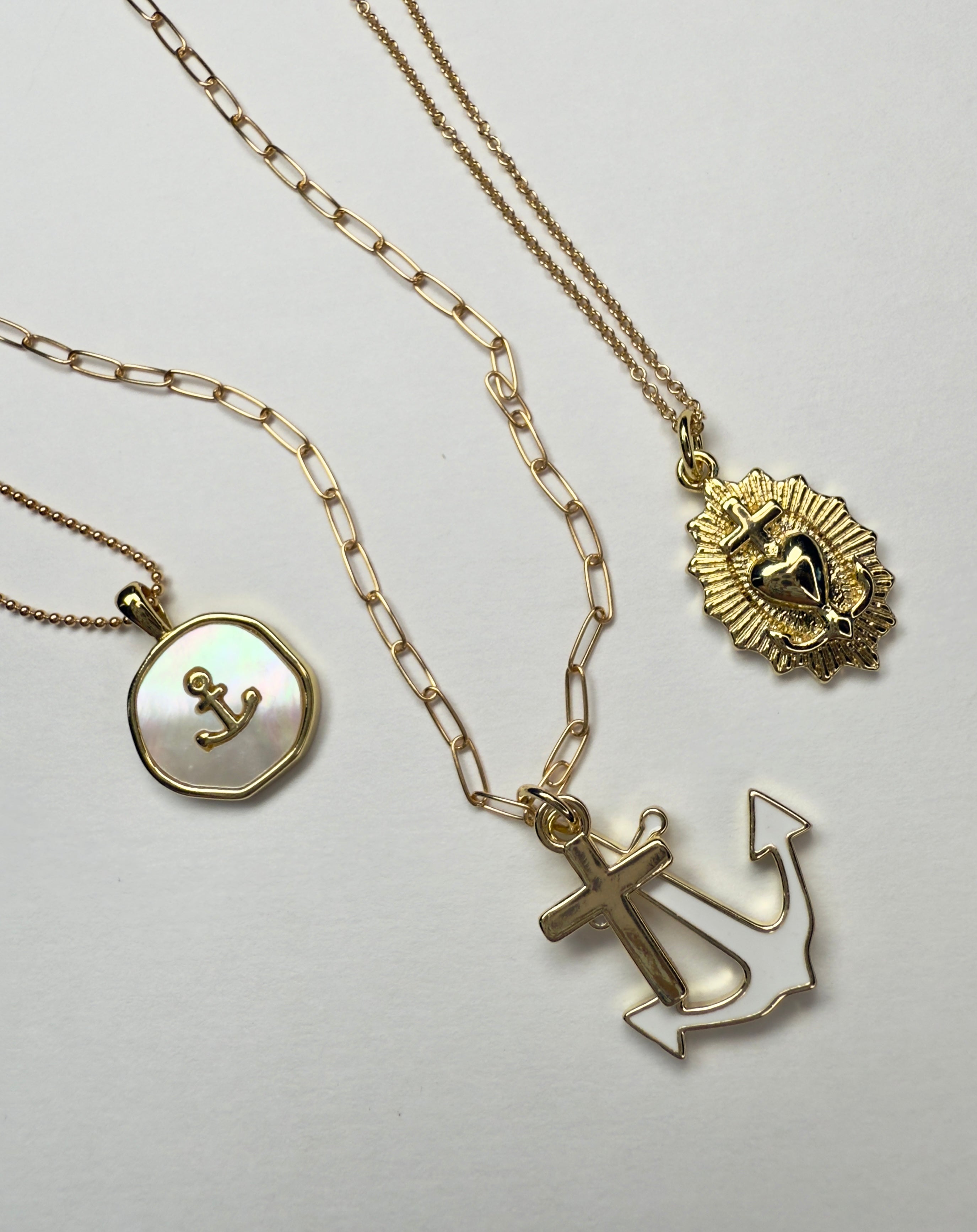 Enamel Anchor and Gold Cross Paperclip Chain Necklace - 4 Lengths Available