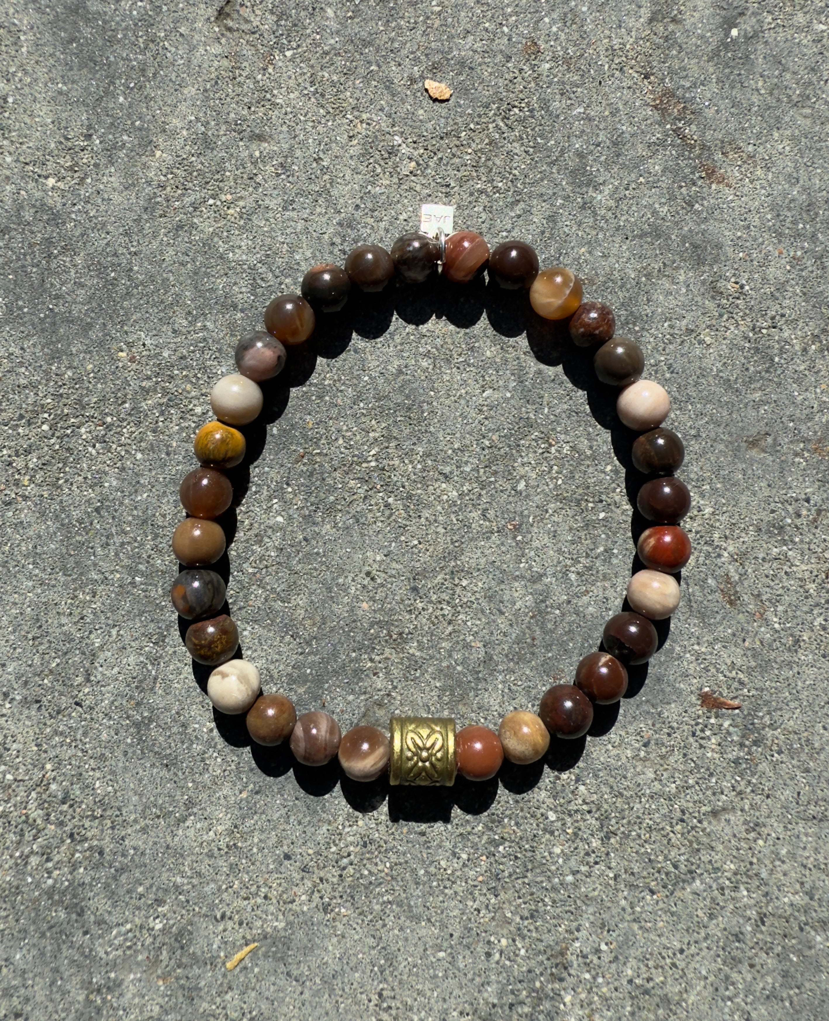"The Todd" Petrified Wood with Brass Accent Beaded Bracelet