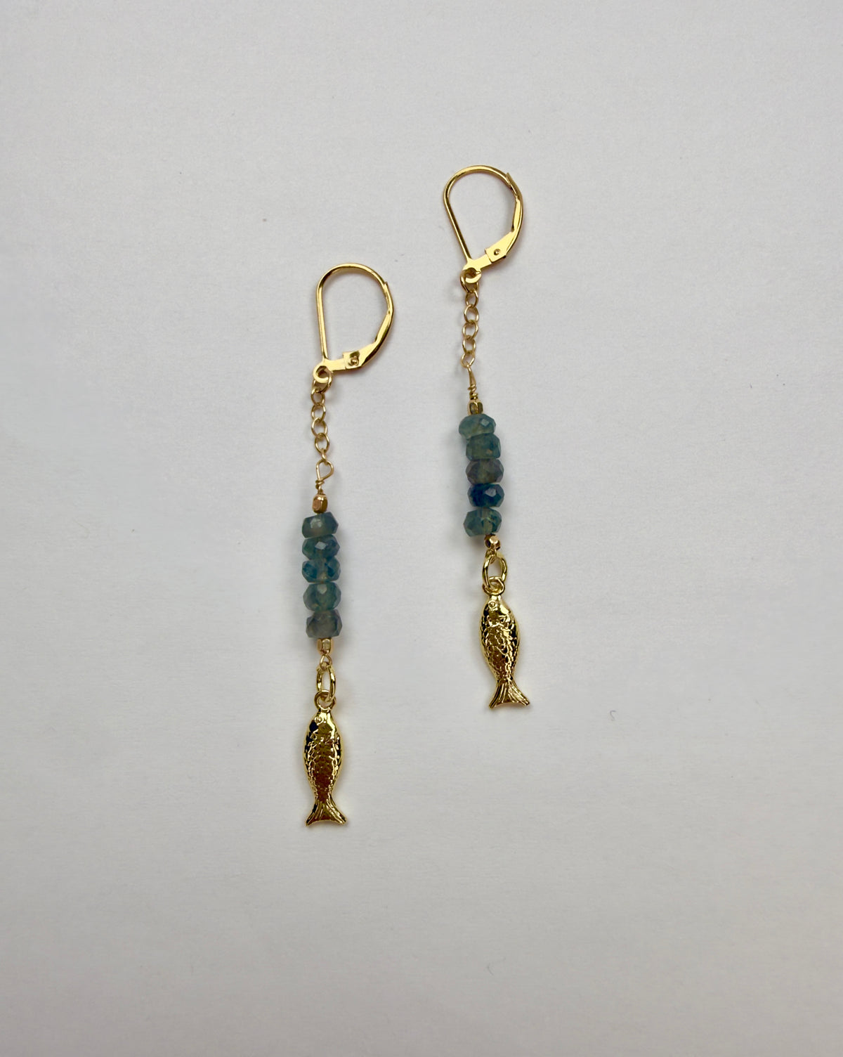 The Maxine - Chain, Aquamarine & Fish Charm Lever Back Earrings