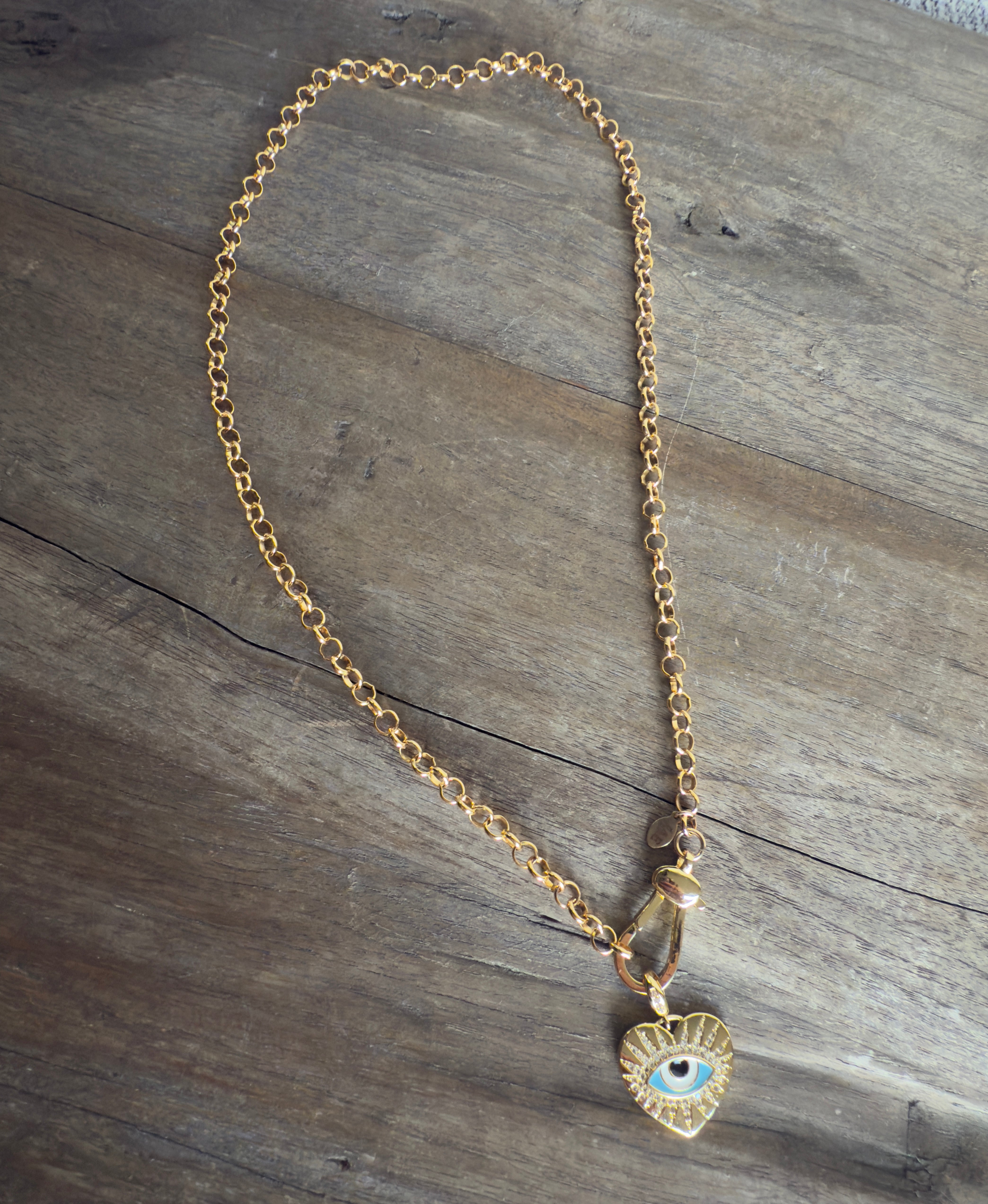 The Luna - Rolo Chain with Giant Clasp and Enamel and Cubic Zirconia Evil Eye Hear Pendant