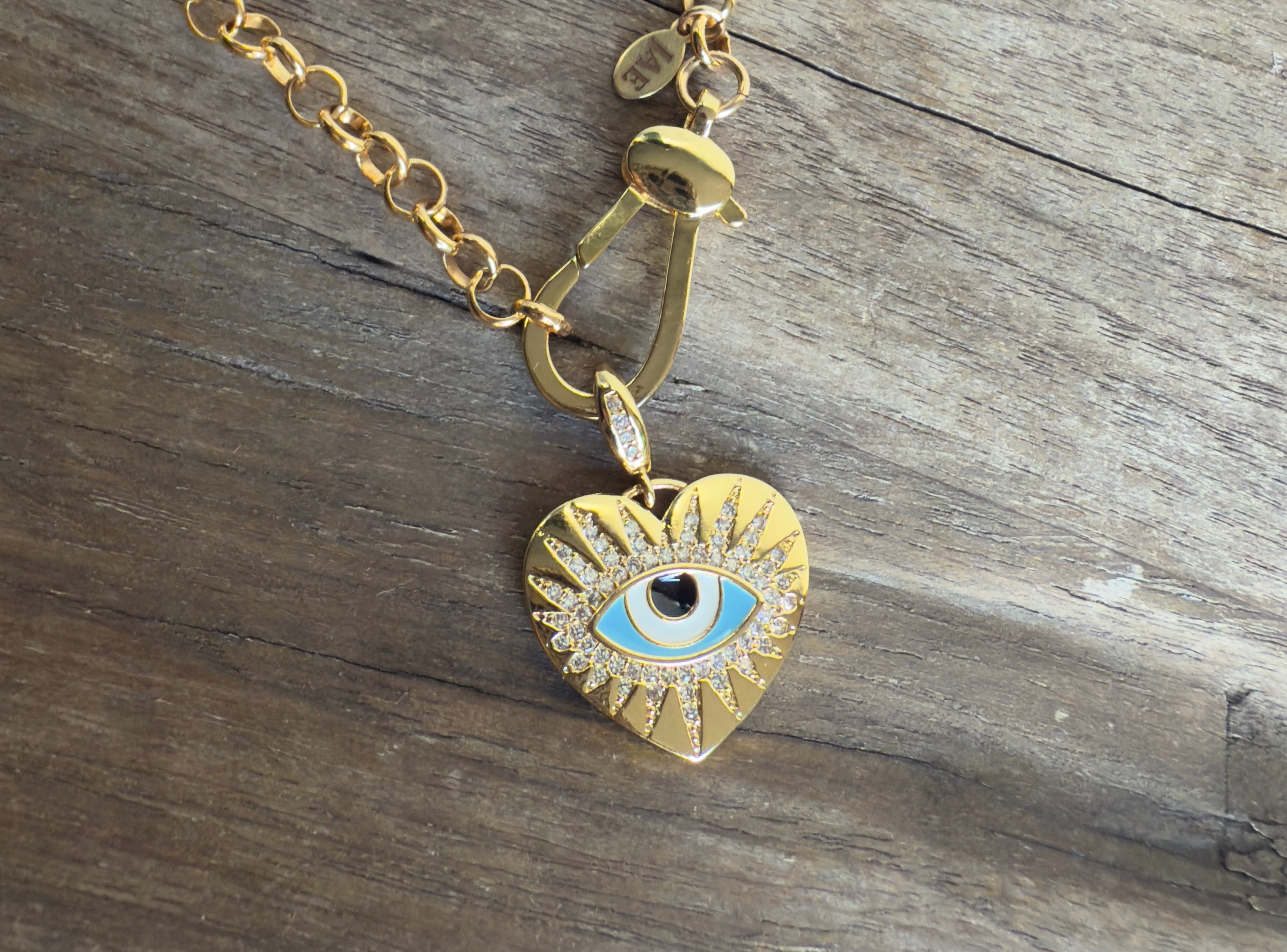 The Luna - Rolo Chain with Giant Clasp and Enamel and Cubic Zirconia Evil Eye Heart Pendant