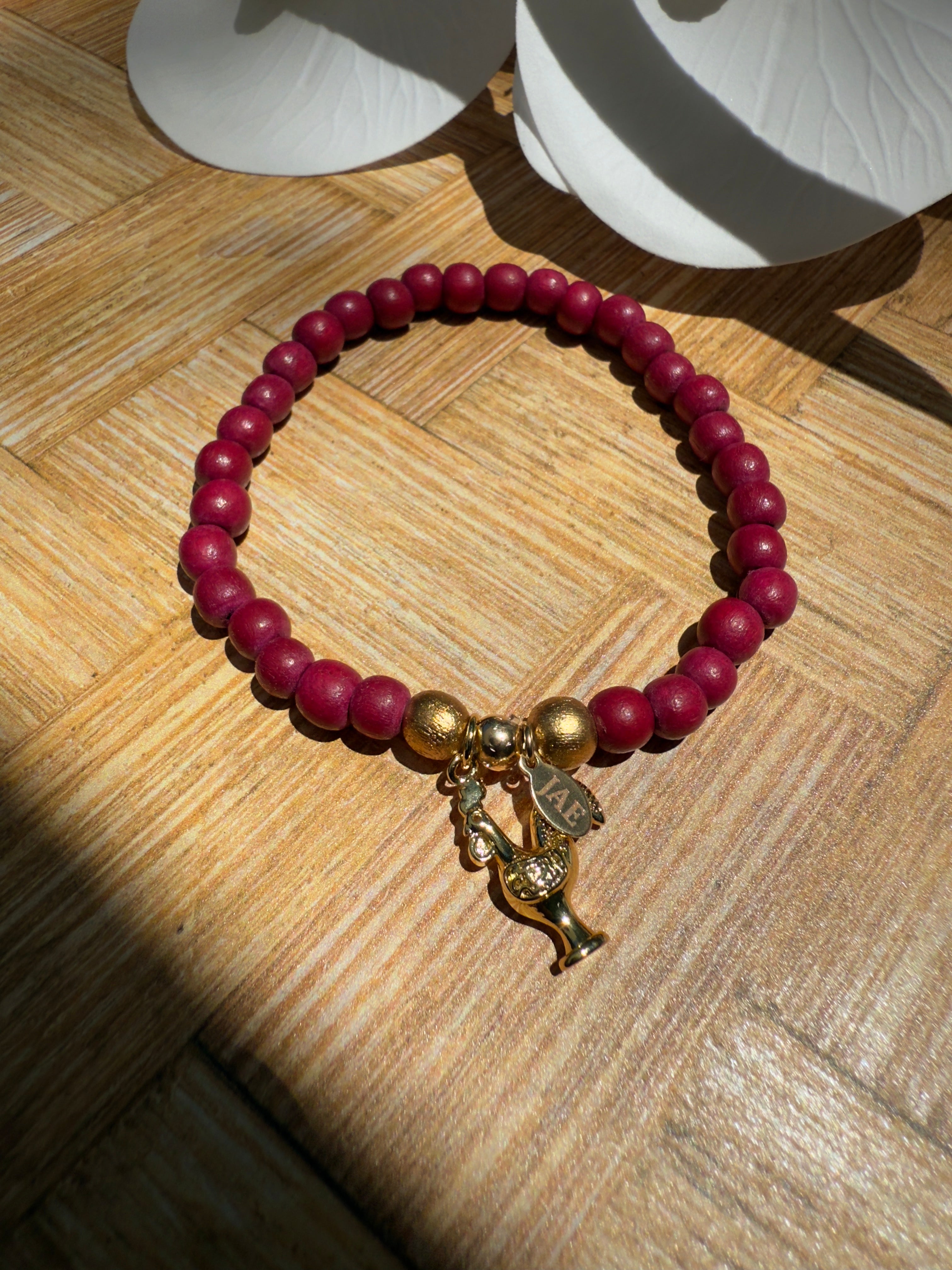 Red Wooden Bead Slip-on Style Bracelet with Rooster Charm