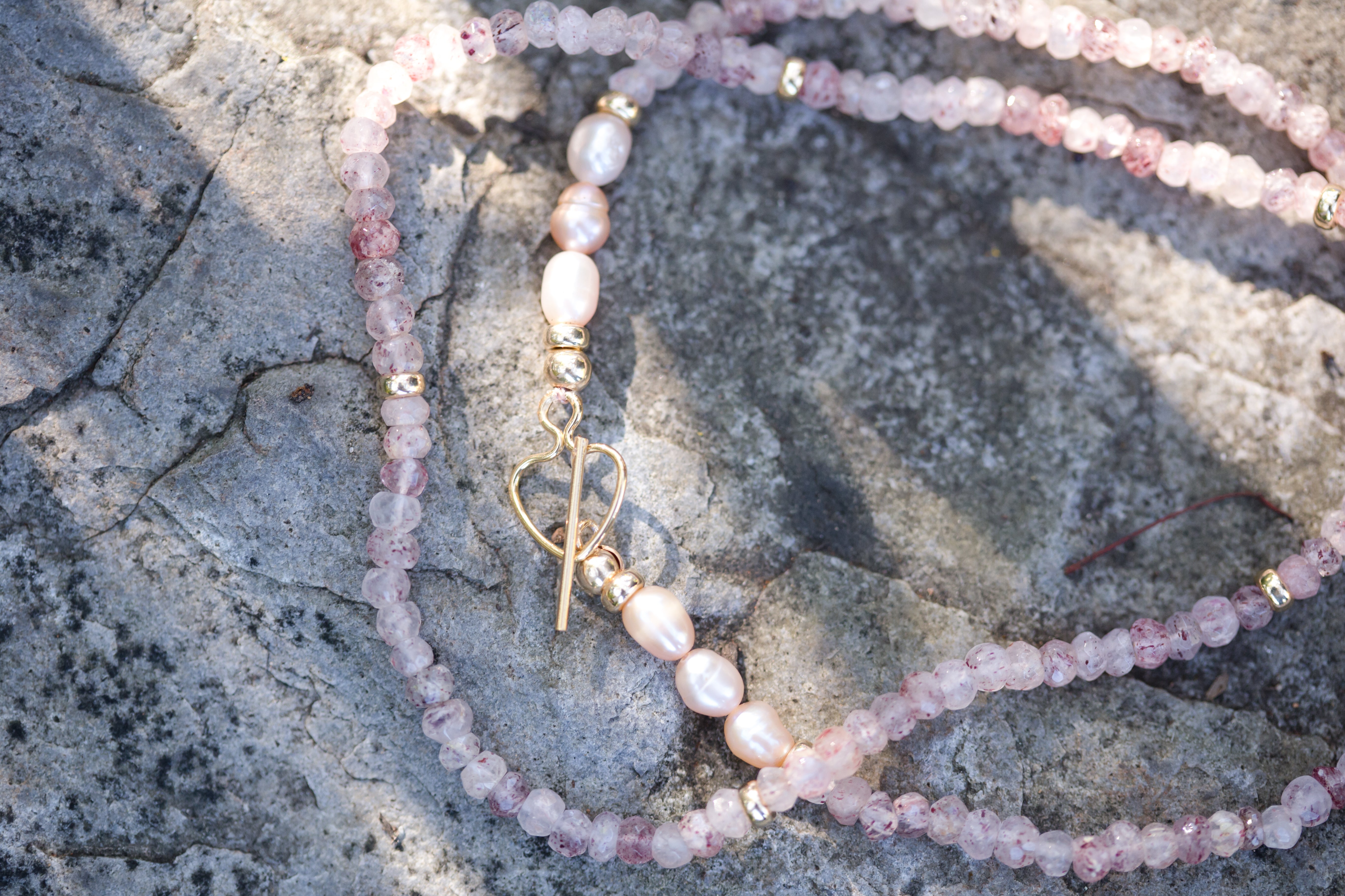The Kathleen - Strawberry Quartz, Gold Accent Beads and Pearl Necklace