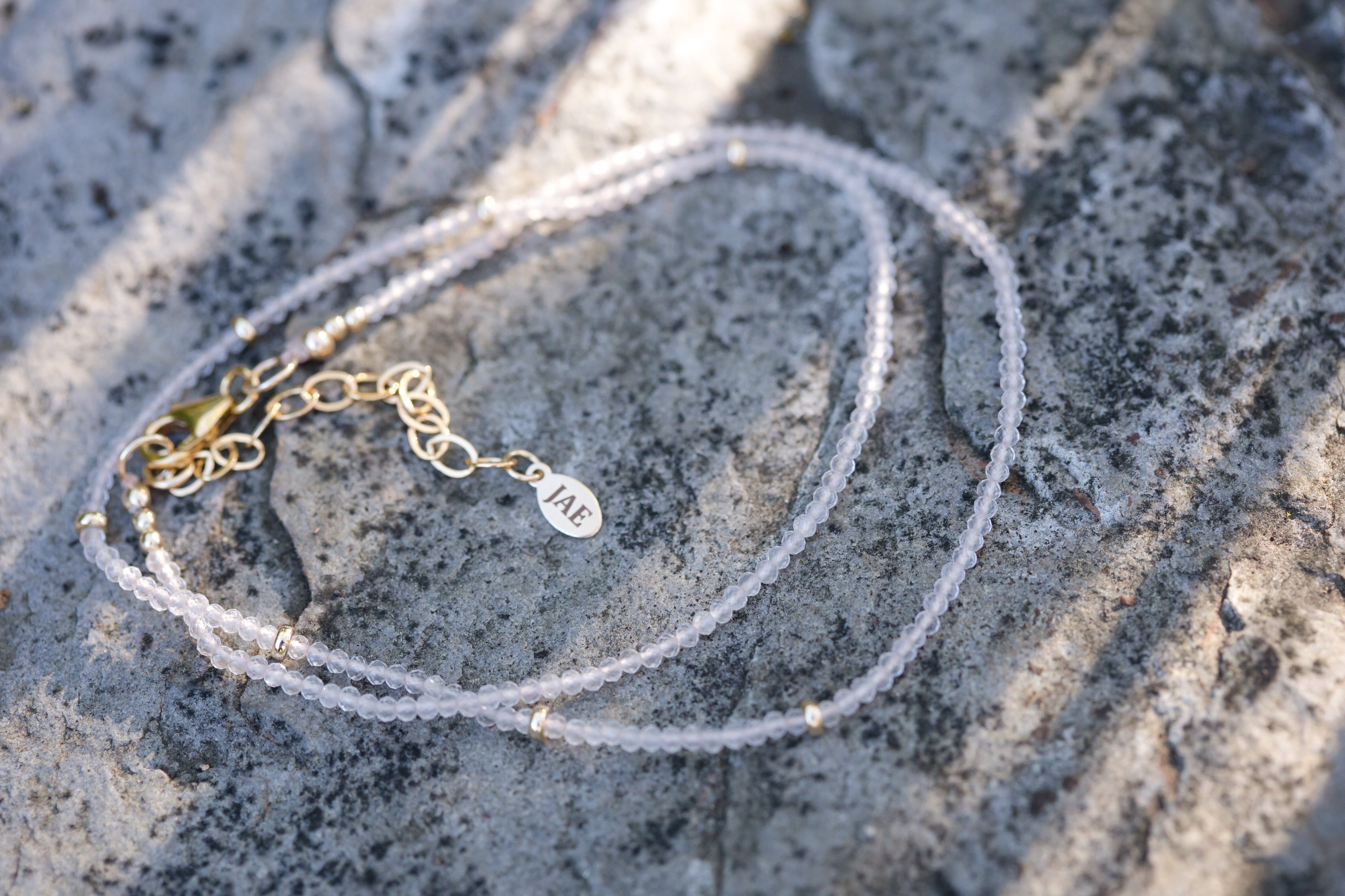 The Lisa - Rose Quartz and Gold Station Bead Necklace