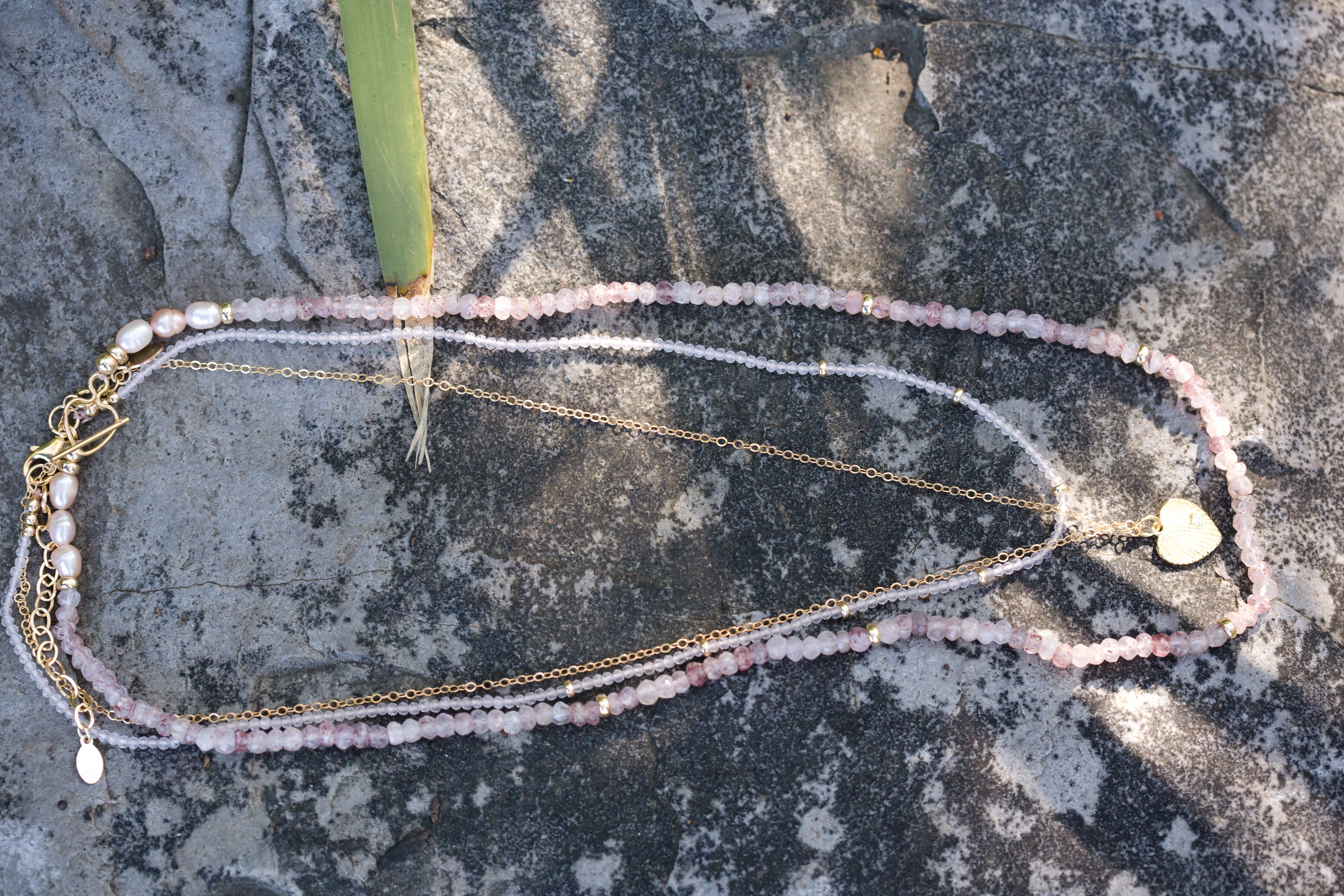 The Kathleen - Strawberry Quartz, Gold Accent Beads and Pearl Necklace
