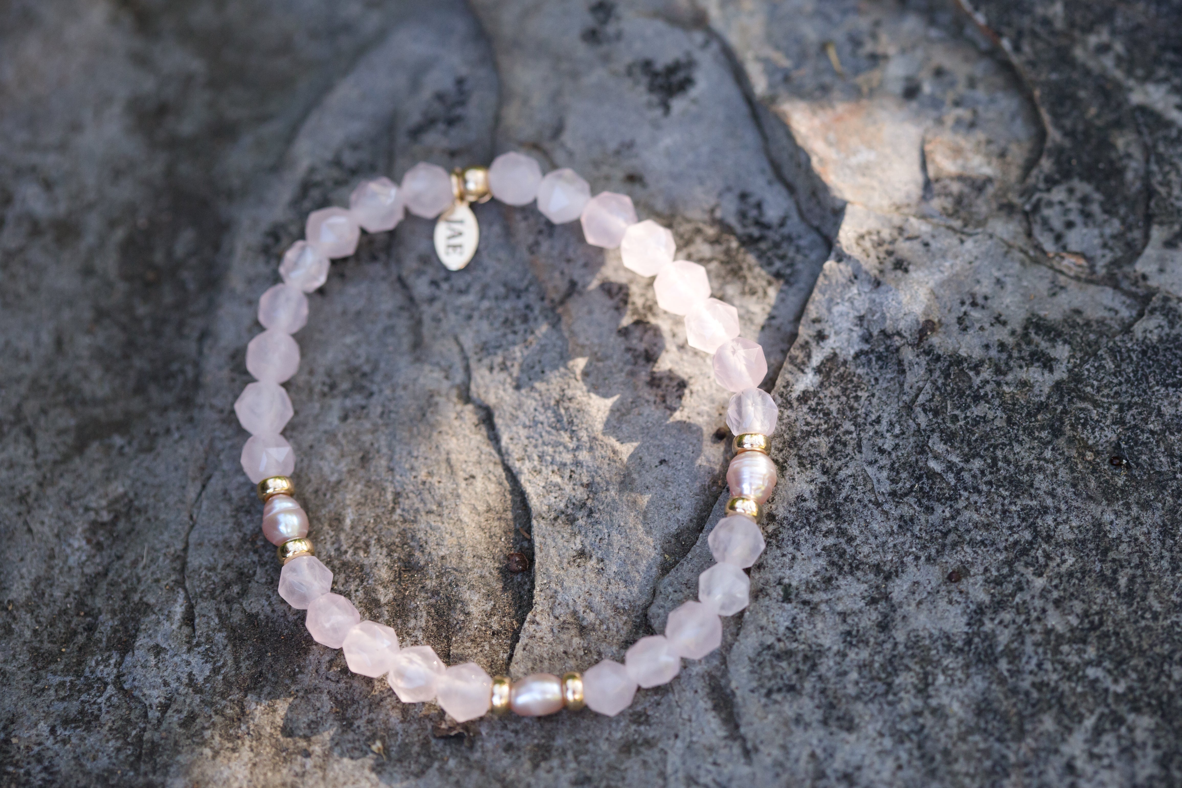 The Mellie - Rose Quartz, Gold and Pearl Bracelet (Slip-On Style)