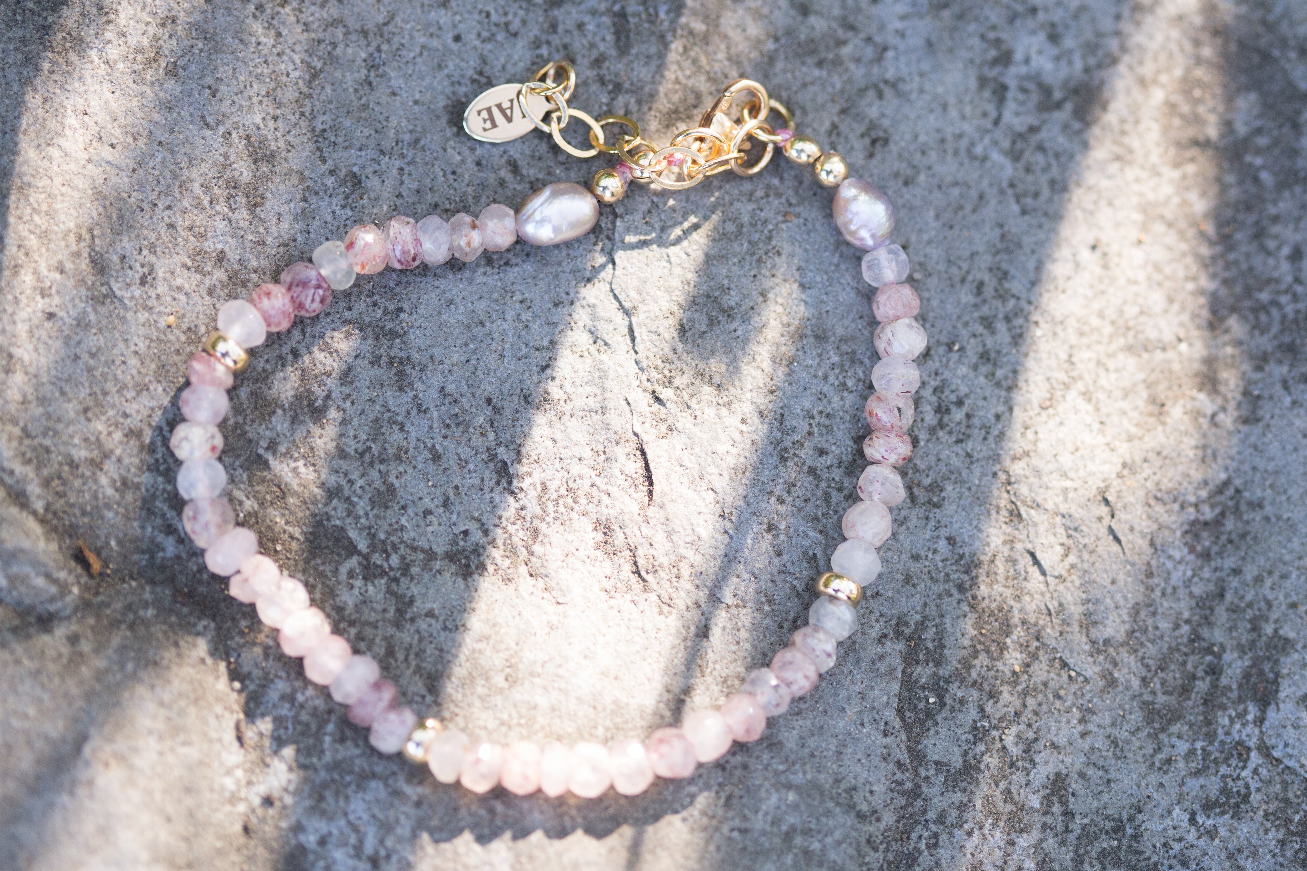 The Leslie - Strawberry Quartz, Gold Beads and Freshwater Pearl Bracelet