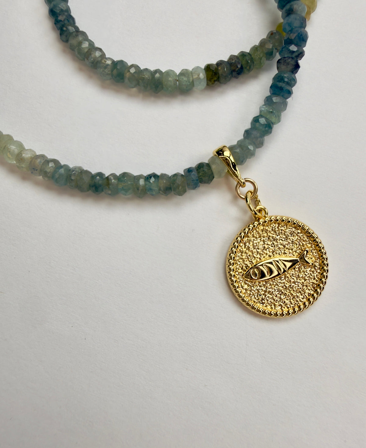 The Blythe - Moss Aquamarine with Fish Medallion Necklace