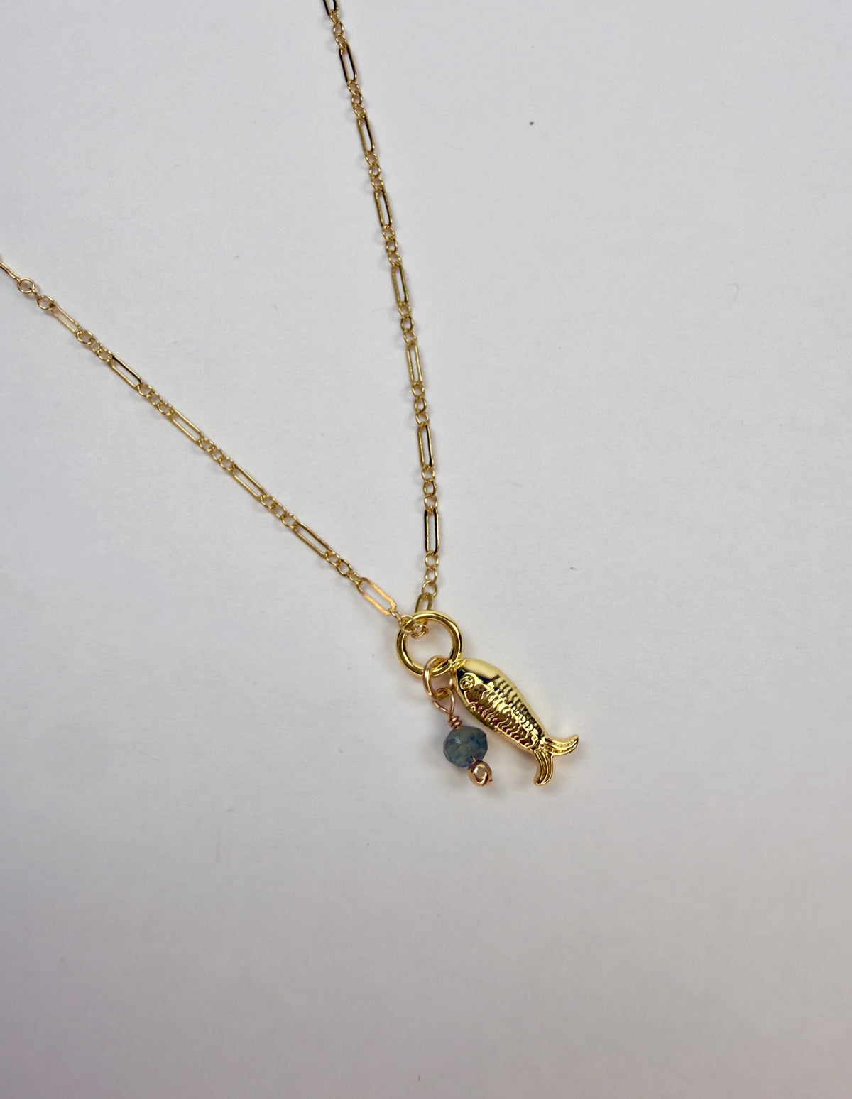 The Dorinda - Fish Charm & Moss Aquamarine Drop Necklace