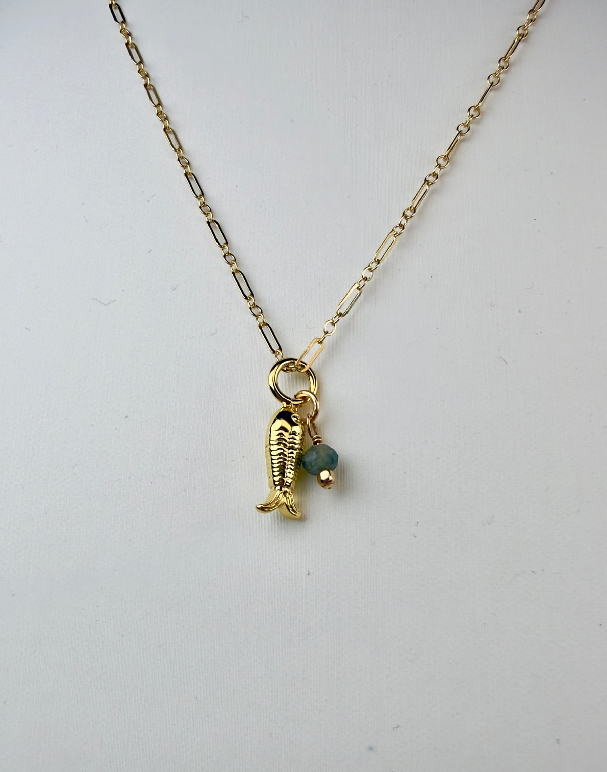 The Dorinda - Fish Charm & Moss Aquamarine Drop Necklace