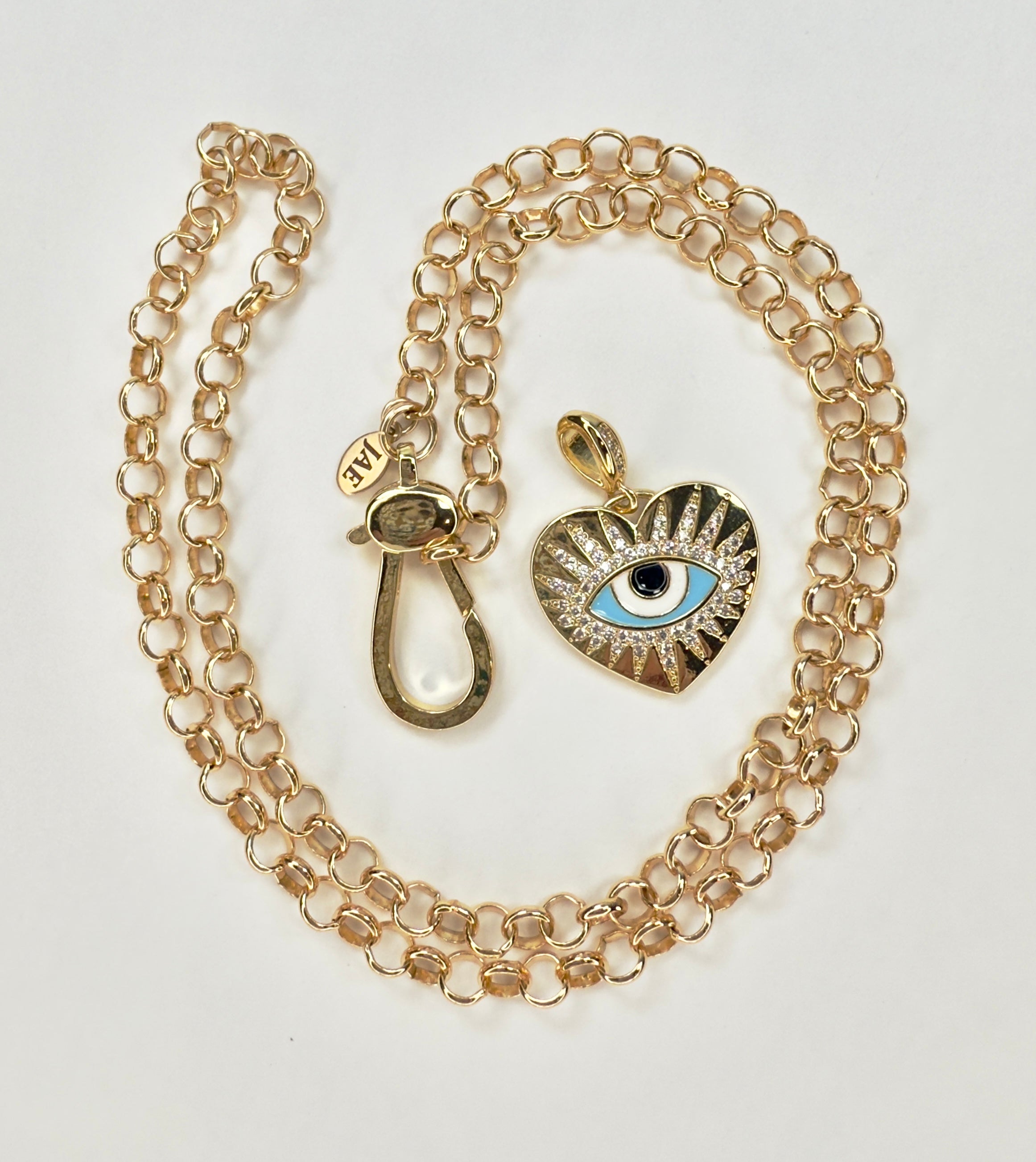 The Luna - Rolo Chain with Giant Clasp and Enamel and Cubic Zirconia Evil Eye Heart Pendant