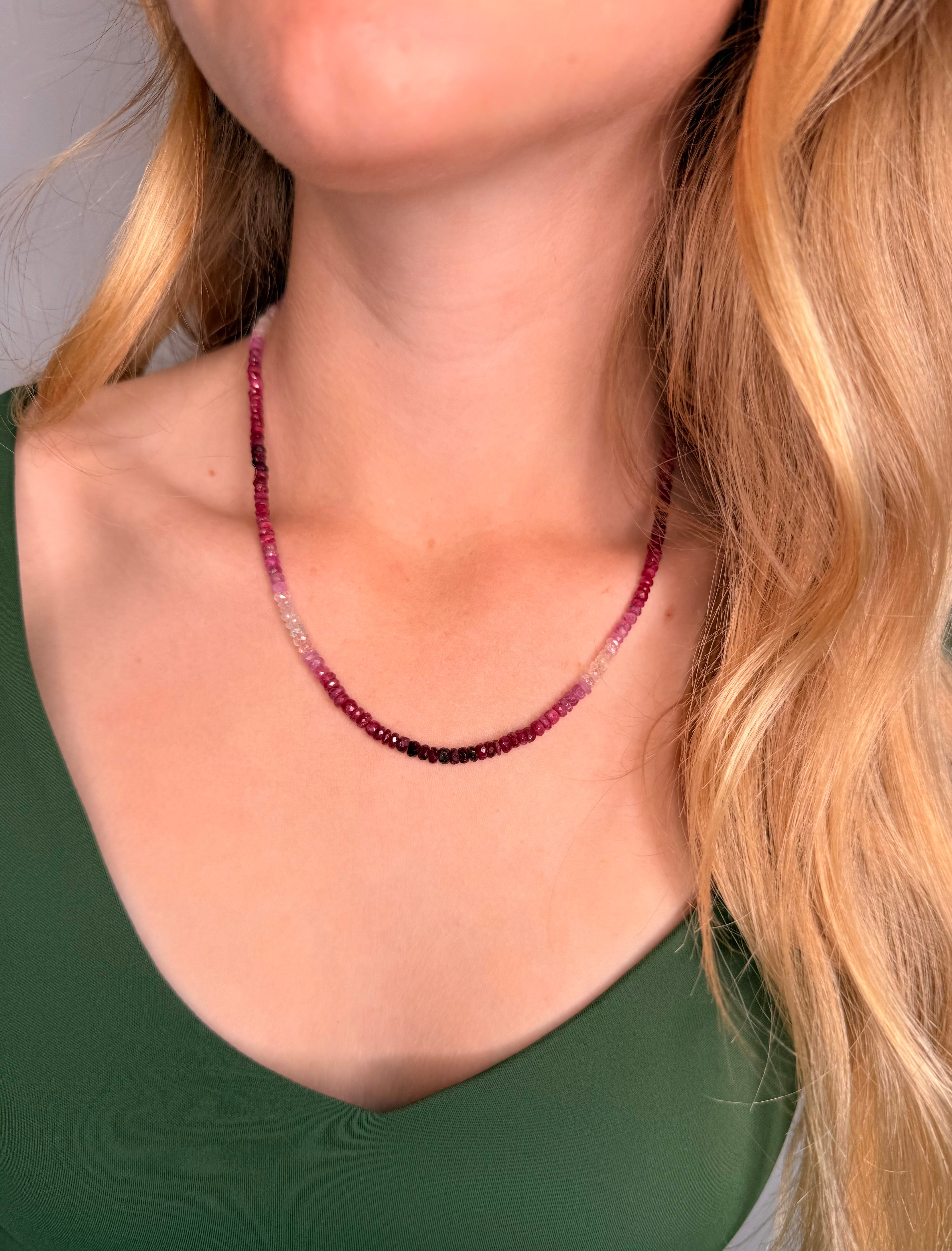 The Greta - Ombre Shaded Ruby and White Sapphire Beaded Necklace