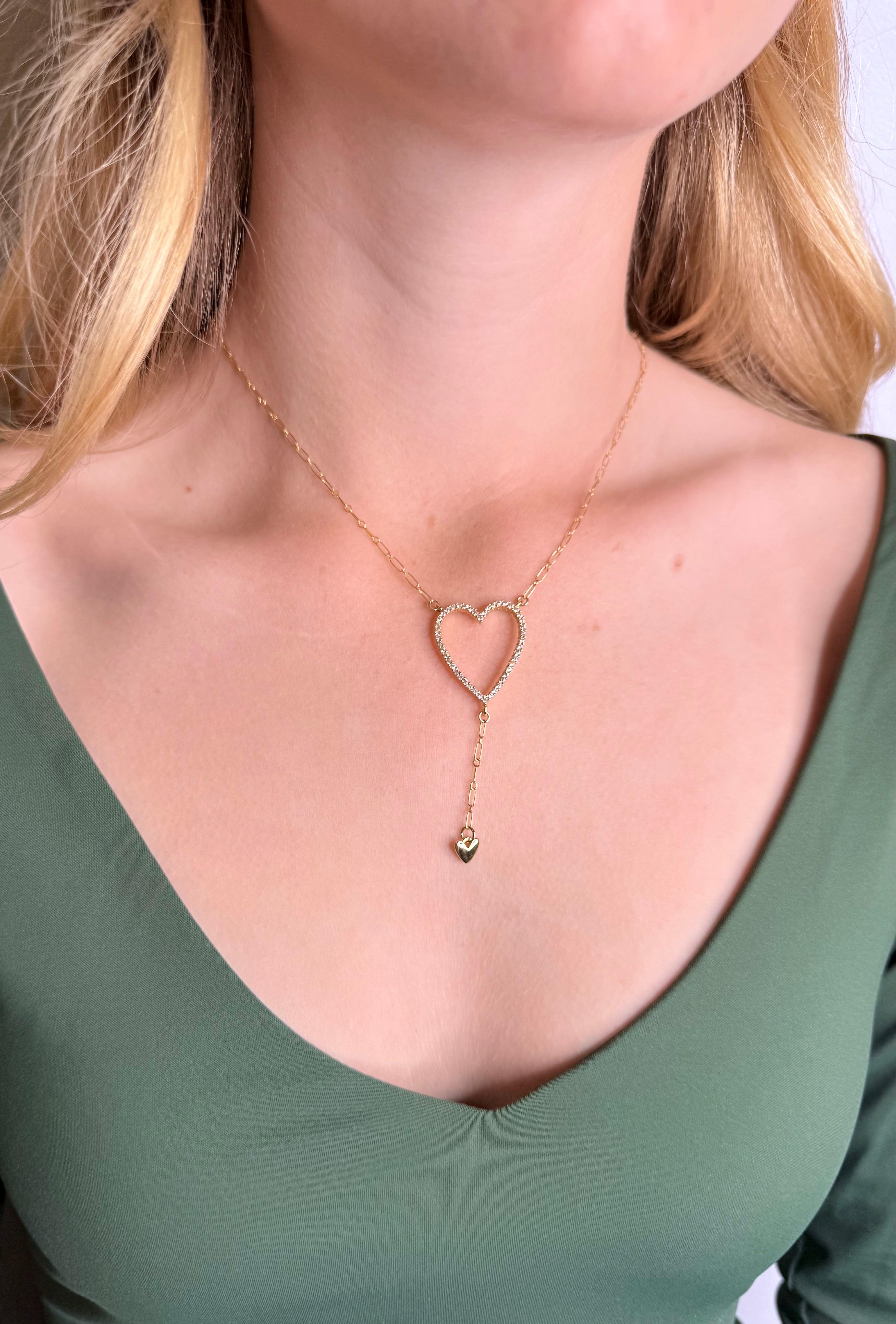 The Ellen - Heart with Drop Heart Lariat Necklace