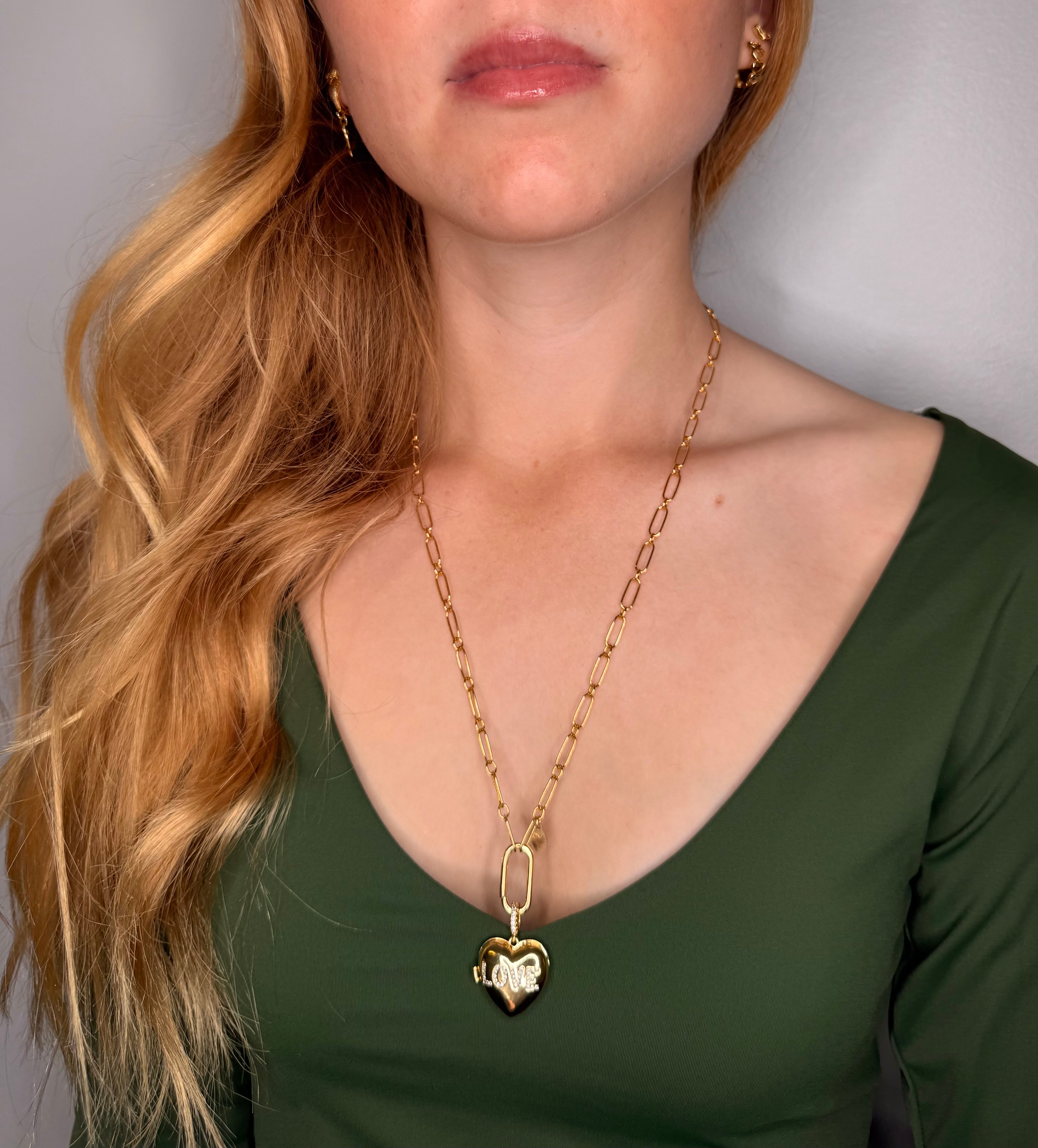 The Kaaren Necklace -  Paperclip and Cable Chain with Carabiner Clasp and Love Heart Locket Charm