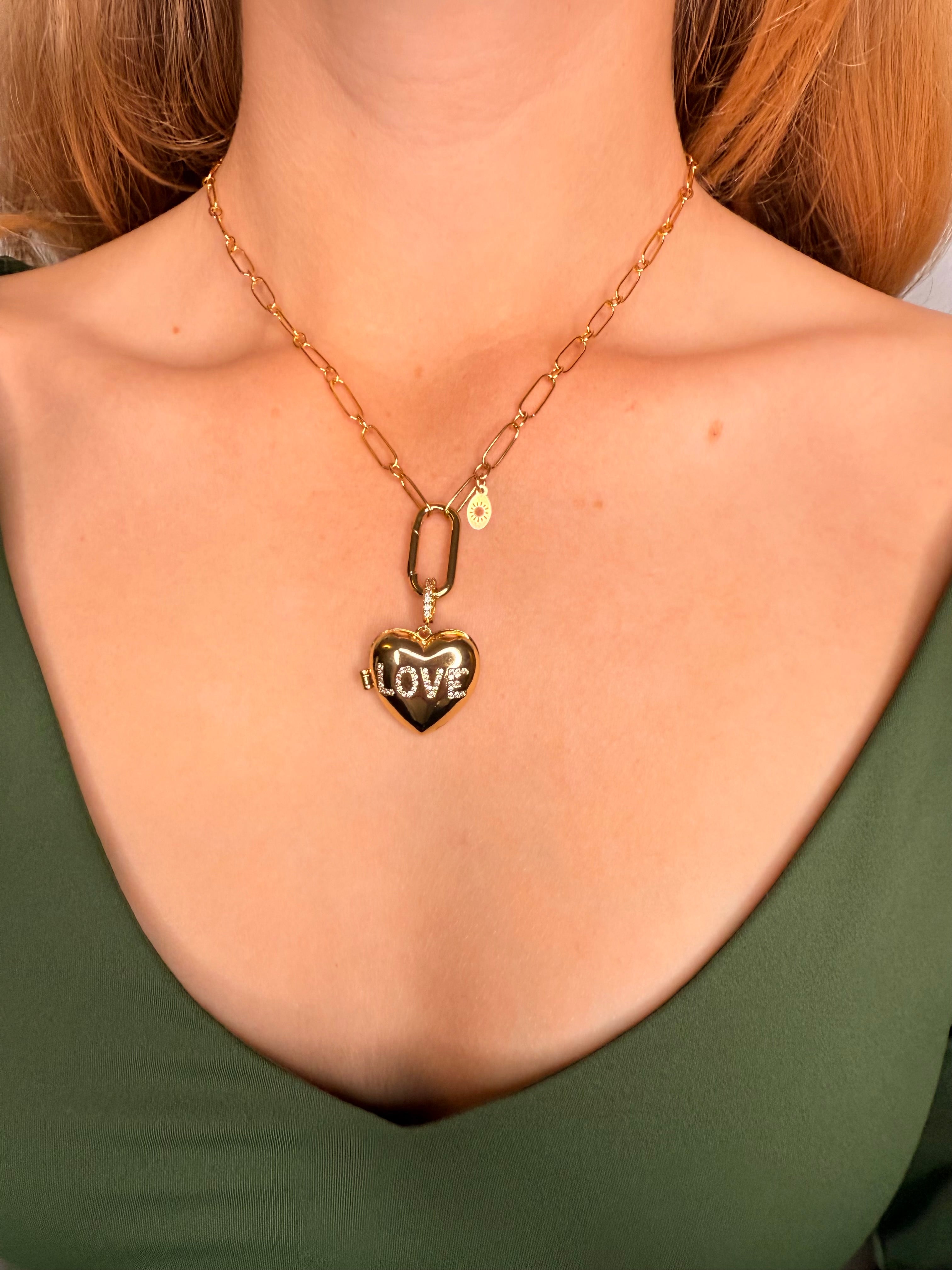 The Kaaren Necklace -  Paperclip and Cable Chain with Carabiner Clasp and Love Heart Locket Charm